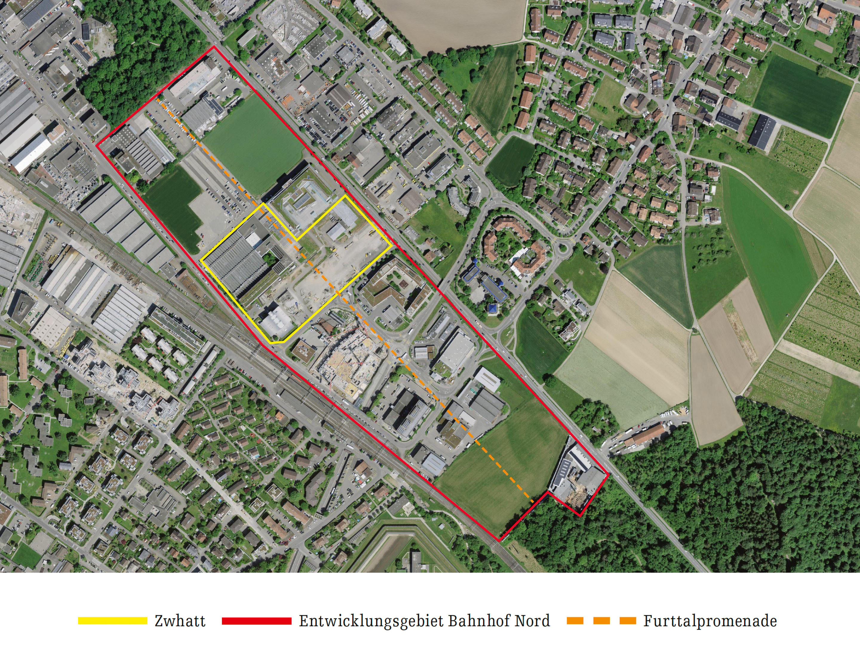 Luftaufnahme des Entwicklungsgebiets Bahnhof Nord nördlich des Bahnhofs Regensdorf-Watt (blau).  17 Minuten nach Zürich Hauptbahnhof, 9 Minuten nach Oerlikon.