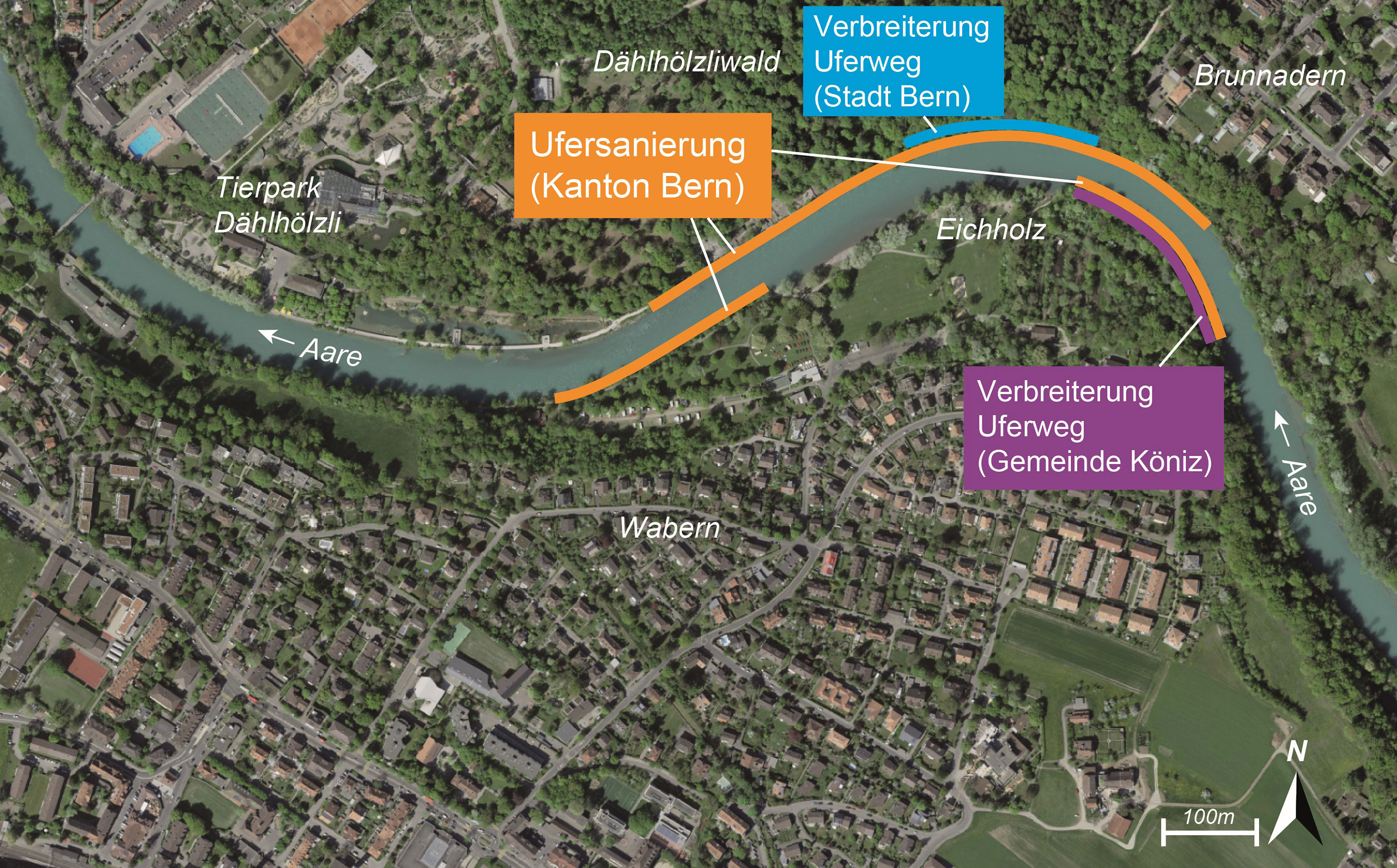 Die umgesetzten Massnahmen an der Aare zwischen Dählhölzli und Eicholz.