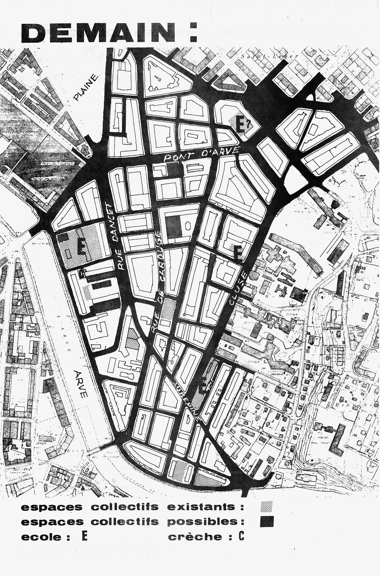 Tract «Le problème des espaces collectifs à Plainpalais, pour une action collective et autonome», sans date, env. 1971. Tracts édités par les habitants de Plainpalais montrant la perte d’espaces collectifs engendrée par le projet d’aménagement du quartier.