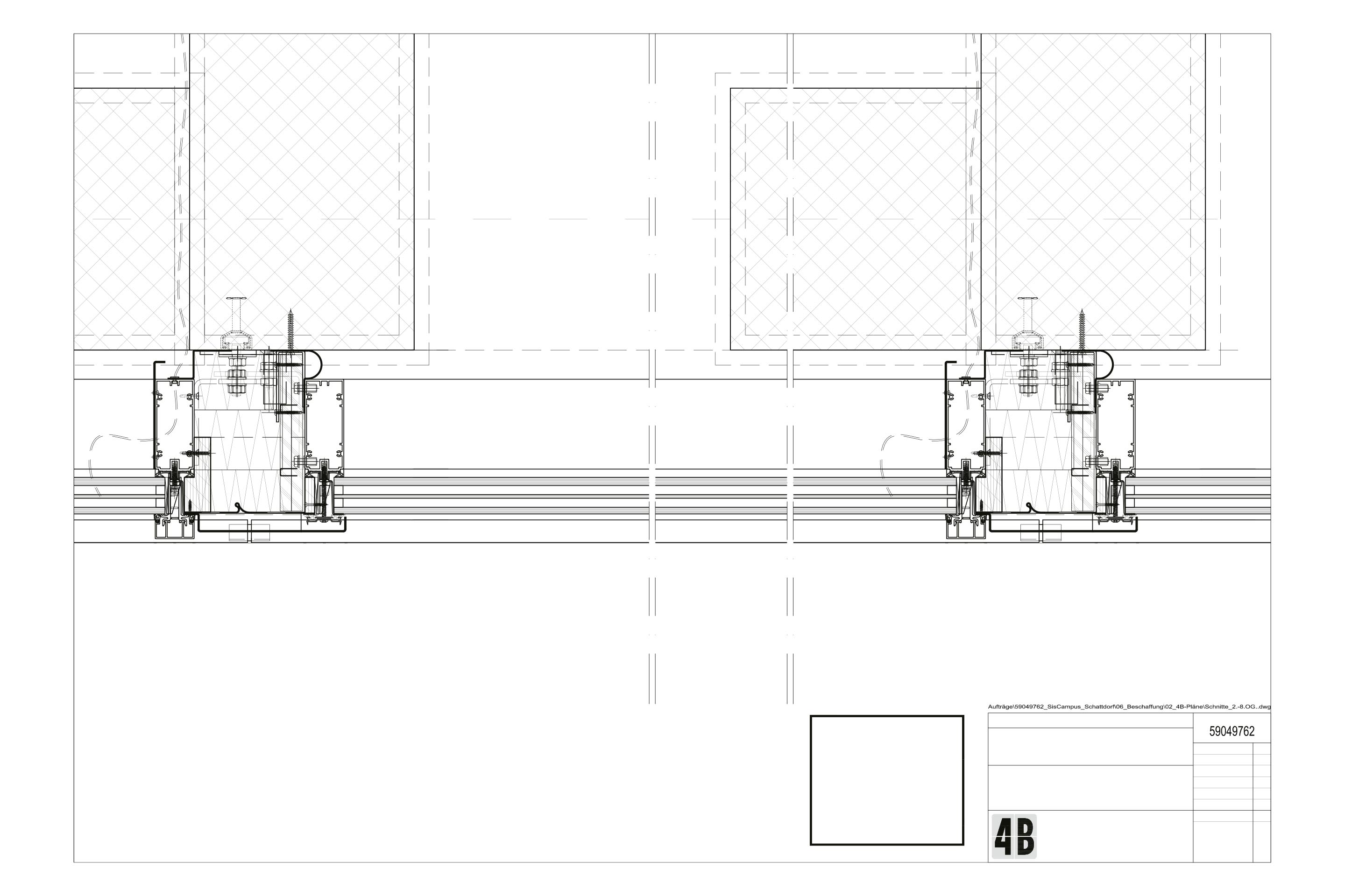 Regelschnitt vertikal, 3.–7. Obergeschoss: Ganzpfosten – Eckpfosten – Deckschale – Aluminiumblech – Sandwichpaneel – Isolation – elektrochromes Dreifach-Isolierglas – Verkabelung – Riegel – Sockelblech – Befestigung an der Betonstruktur – Brandschutzplatte.