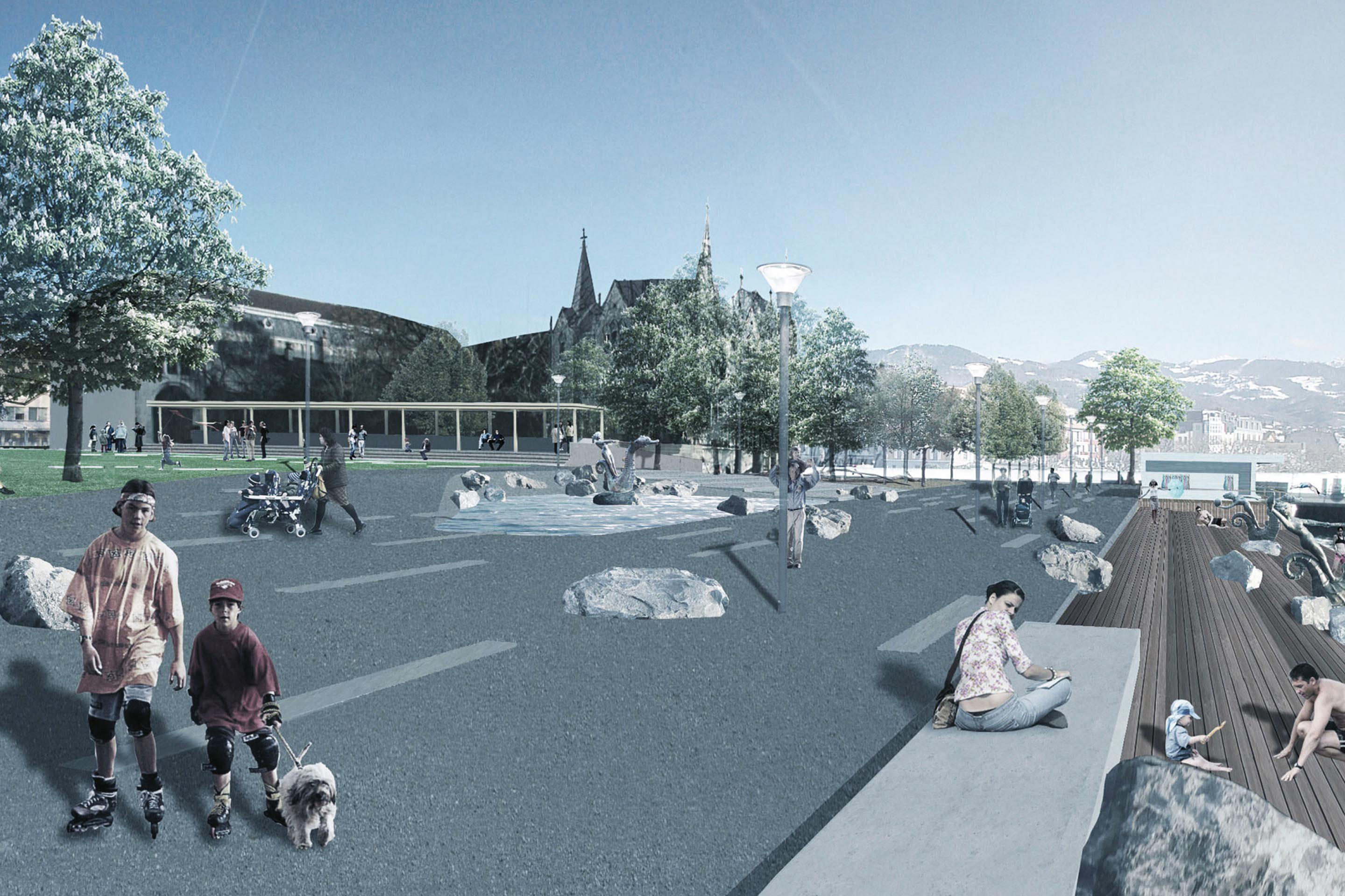 Rivage: perspective du projet lauréat du concours pour la rénovation de la Salle del Castillo et le réaménagement du Jardin du Rivage, 2010.