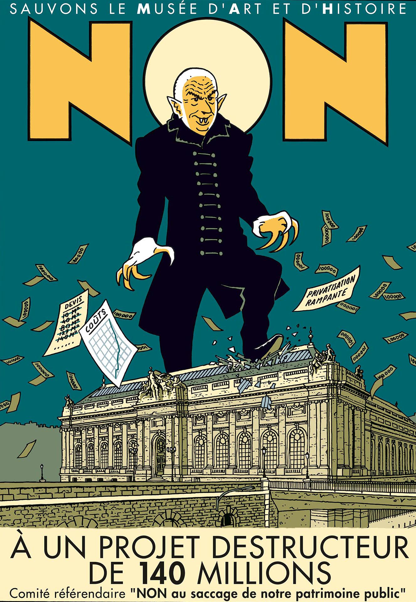 Affiche d’Exem présentant Jean Nouvel sous les traits de Nosferatu. L’auteur voulait exprimer ainsi la «vampirisation d’un bien public».