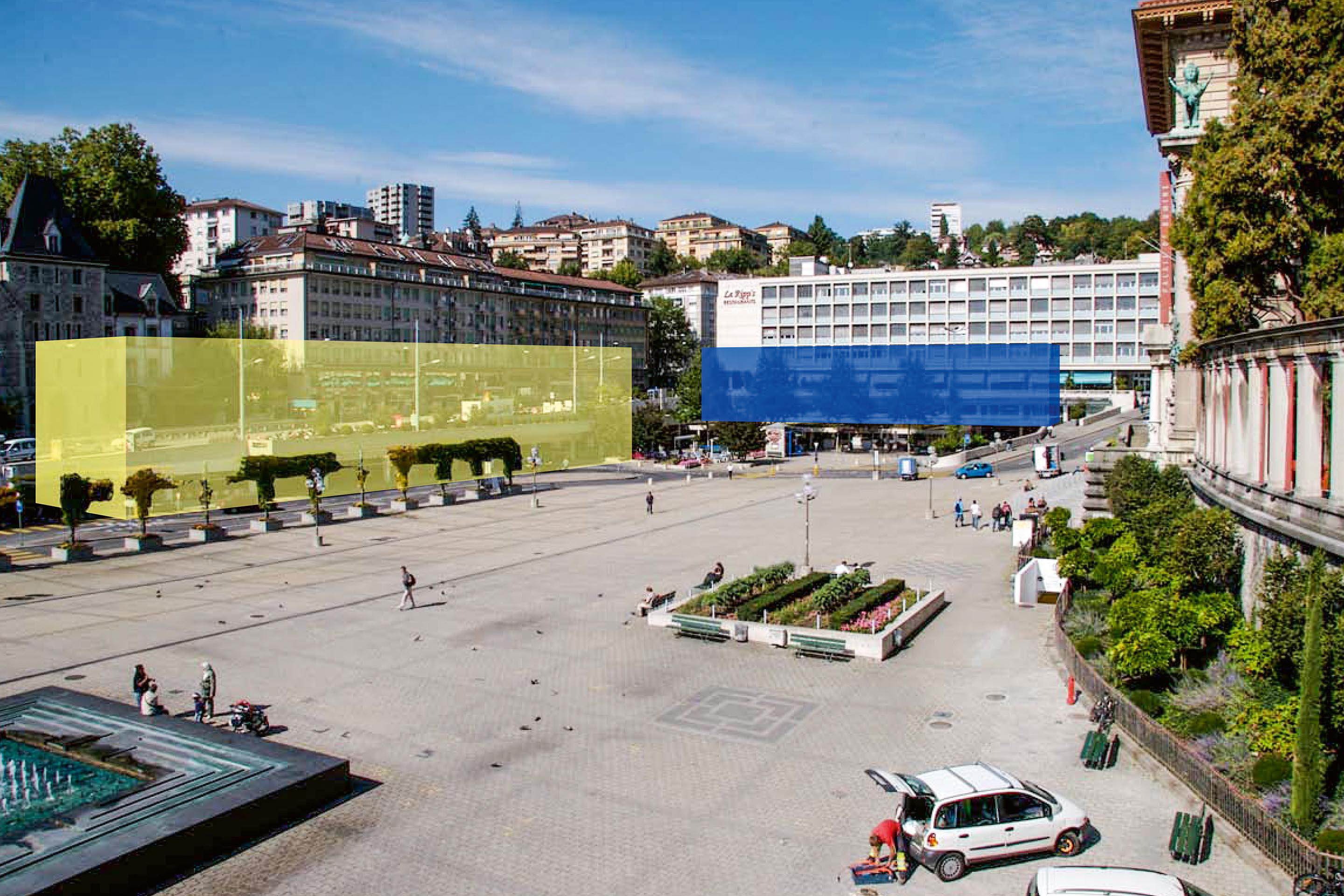 En 2007, le collectif «Grand Rumine» propose de réorganiser le palais de Rumine pour y redéployer les collections et d’aménager l’ancien cinéma Romandie comme espace de stockage visitable (à la manière du Schaulager bâlois). Le dispositif pourrait être complété par une halle d’exposition temporaire (bleu), voire un second édifice qui viendrait fermer la place (jaune) ou un pavillon à l’emplacement de l’ancienne Grenette (rouge).