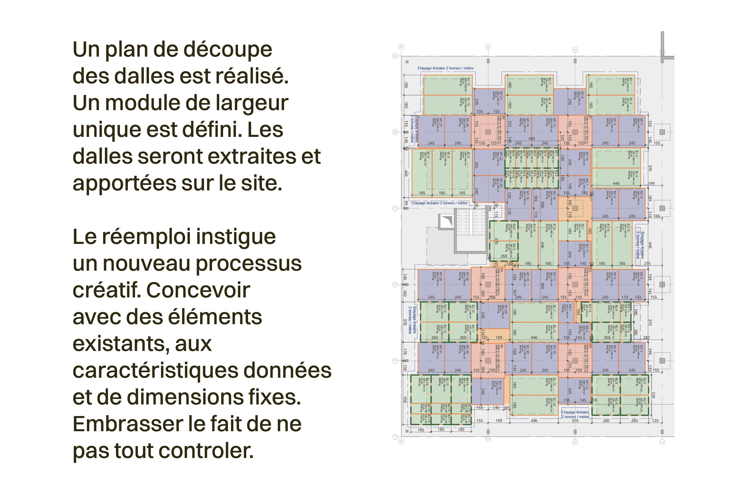 Plan de déconstruction pour l’exécution du bâtiment des Baumettes à Renens. En cours de processus, les acteur·ices du projet ont constaté que les dalles du bâtiment donneur étaient tendues par de multiples câbles de précontrainte par monotorons graissés, ce qui a rendu la coordination statique, technique et architecturale extrêmement complexe.