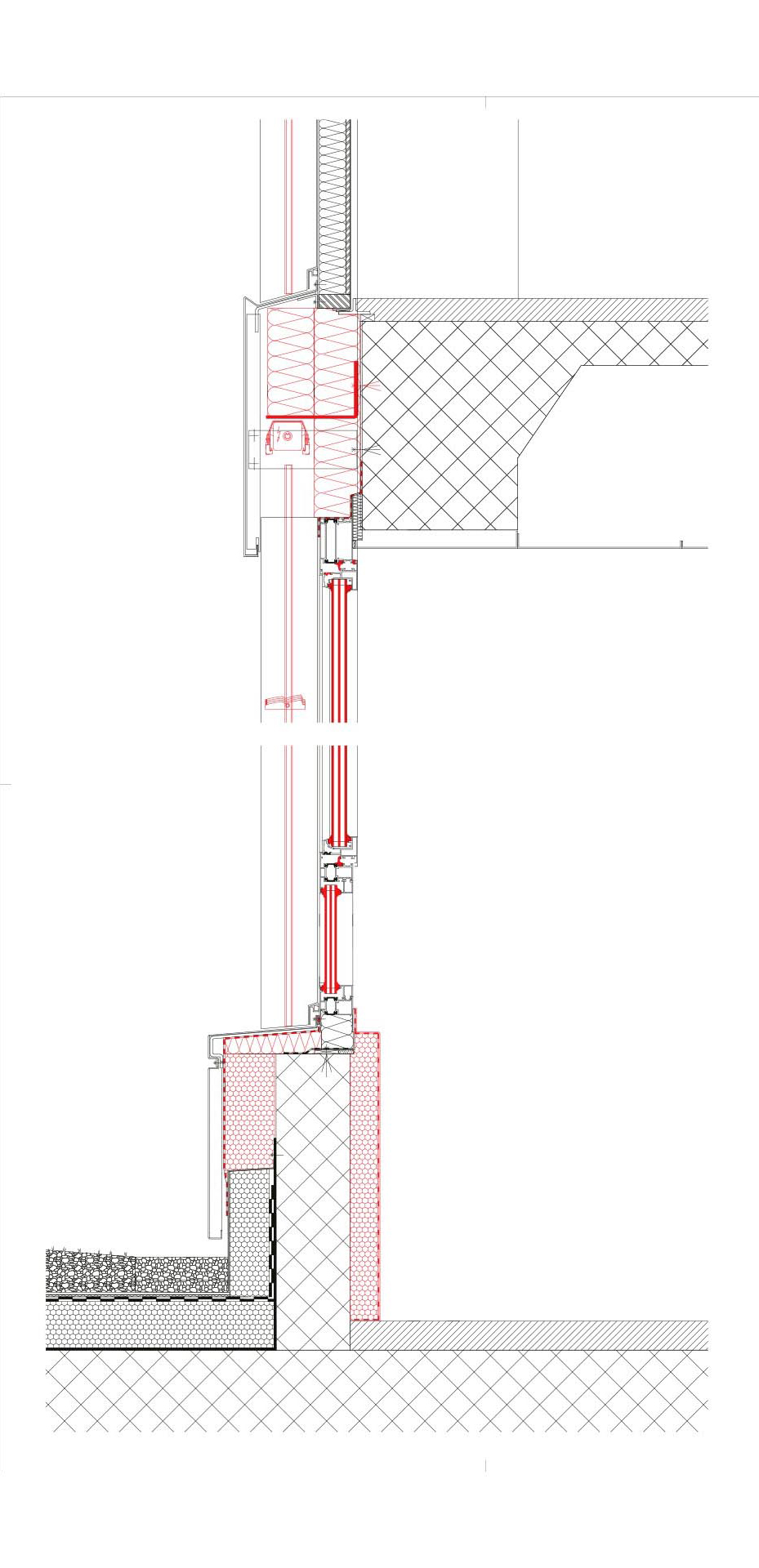 Dettaglio della sezione, lato cortile: Cordoli sommitali: Calcestruzzo – Barriera al vapore – Isover PB F 030 200 mm sopra il cassonetto – Isover PB F 030 100 mm dietro le tapparelle – Copertura in lamiera | Parapetto esterno: Parapetto in calcestruzzo – Barriera al vapore – Facciata Swisspor Lambda Vento 110 mm – Copertura in lamiera | Parapetto interno: Parapetto in calcestruzzo – XPS 60 mm – Barriera al vapore – Cartongesso 12,5 mm – Verniciatura.