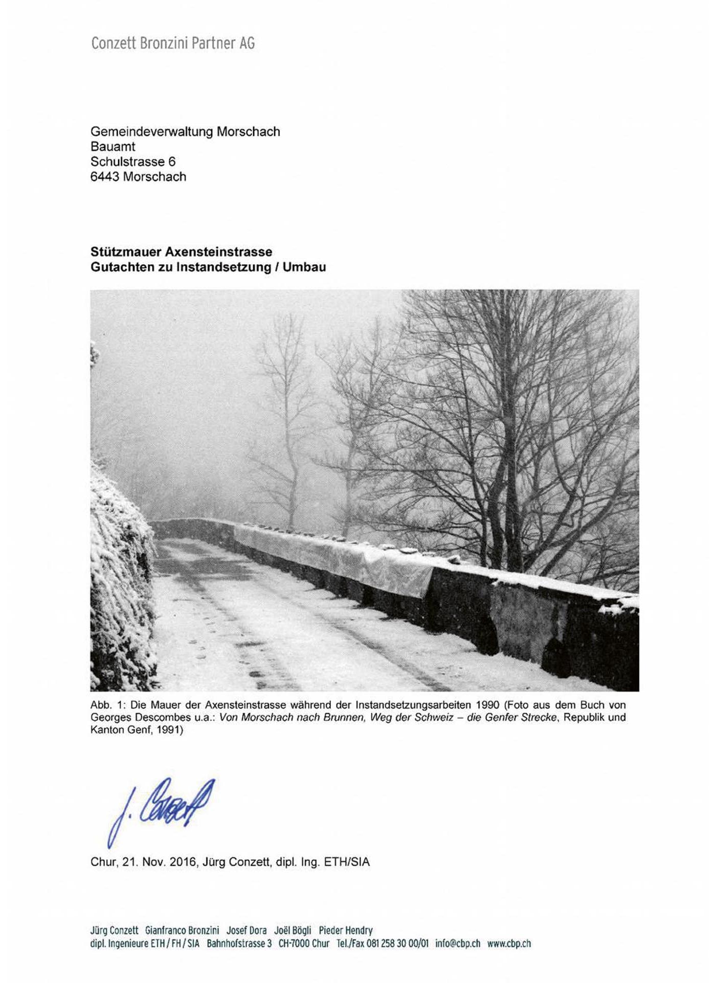 Estratto della perizia per il muro della Via Svizzera. Conzett Bronzini Partner 21 novembre 2016.
