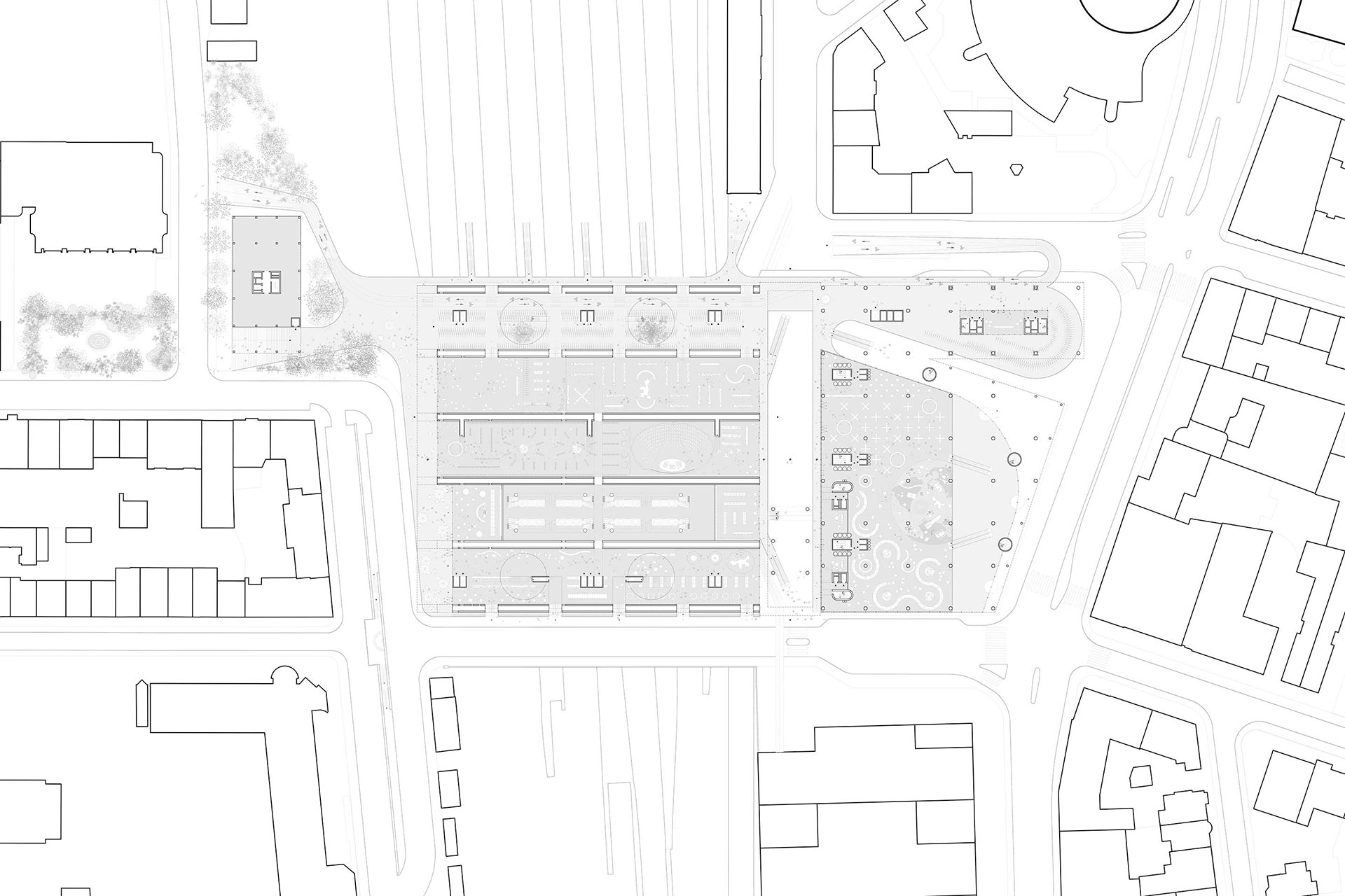 Die Magistrale verknüpft die Innenstadt (links) mit dem «Gundeli» (rechts). Grundriss 1. Obergeschoss.