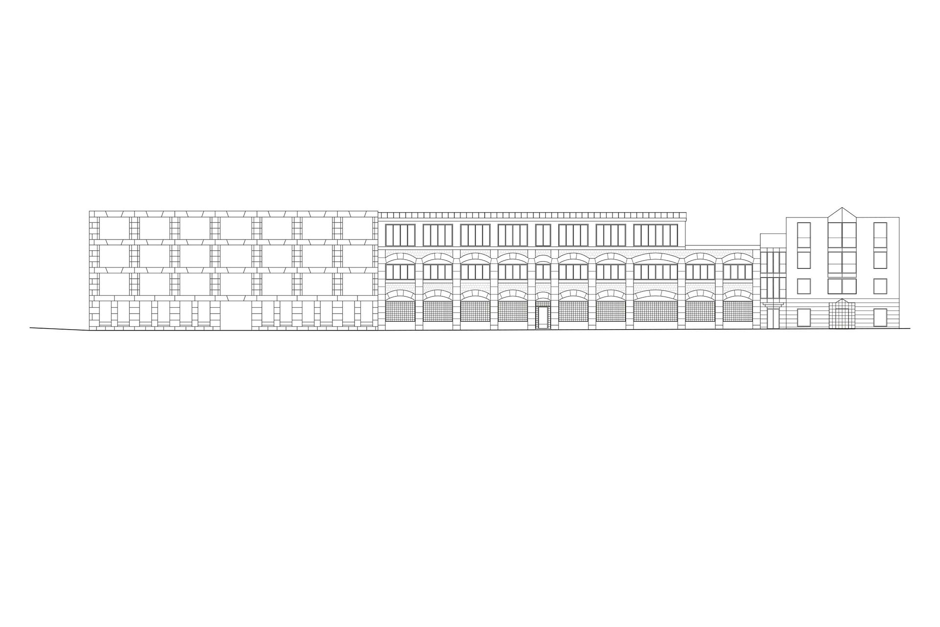 Prospetto del progetto (a sinistra) e del punto di contatto con l’edificio vicino.