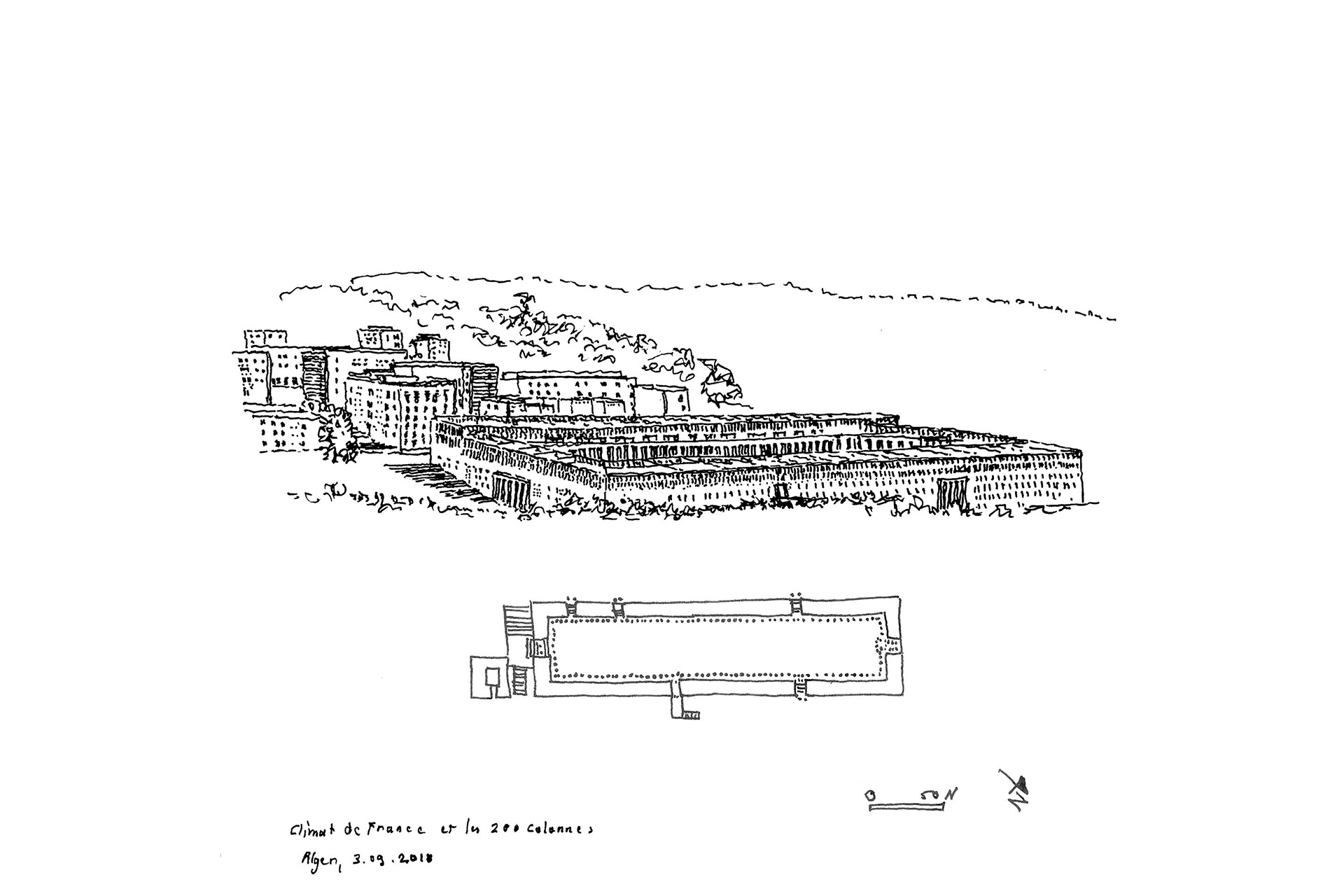 Climat de France, Alger, 1954-1957, Fernand Pouillon. L’ensemble algérois de Climat de France est conçu comme une ville autonome, aux principes de composition qui lui sont propres. Disposé dans une forte pente, le quartier s’organise autour d’un grand parallélépipède, un forum romain sans temple, avec son quadriportique, ses propylées et deux axes de circulation.