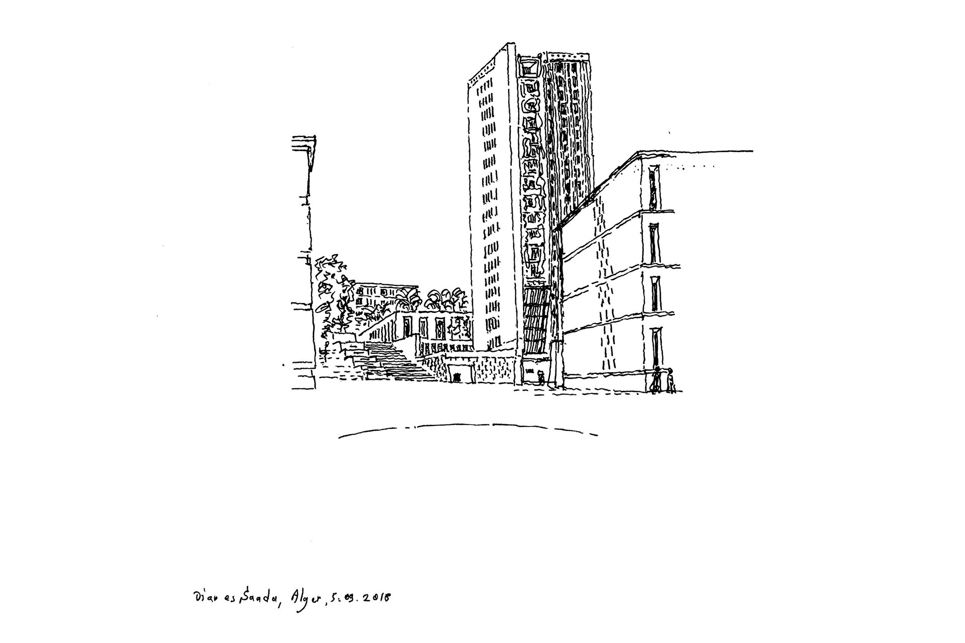 Diar-es-Saada, Alger, 1953, Fernand Pouillon. La tour articule en amont la place haute, dite «des Palmiers», avec la place basse à ses pieds où se trouve le marché couvert. Elle est réputée être le plus haut immeuble jamais construit en maçonnerie traditionnelle.