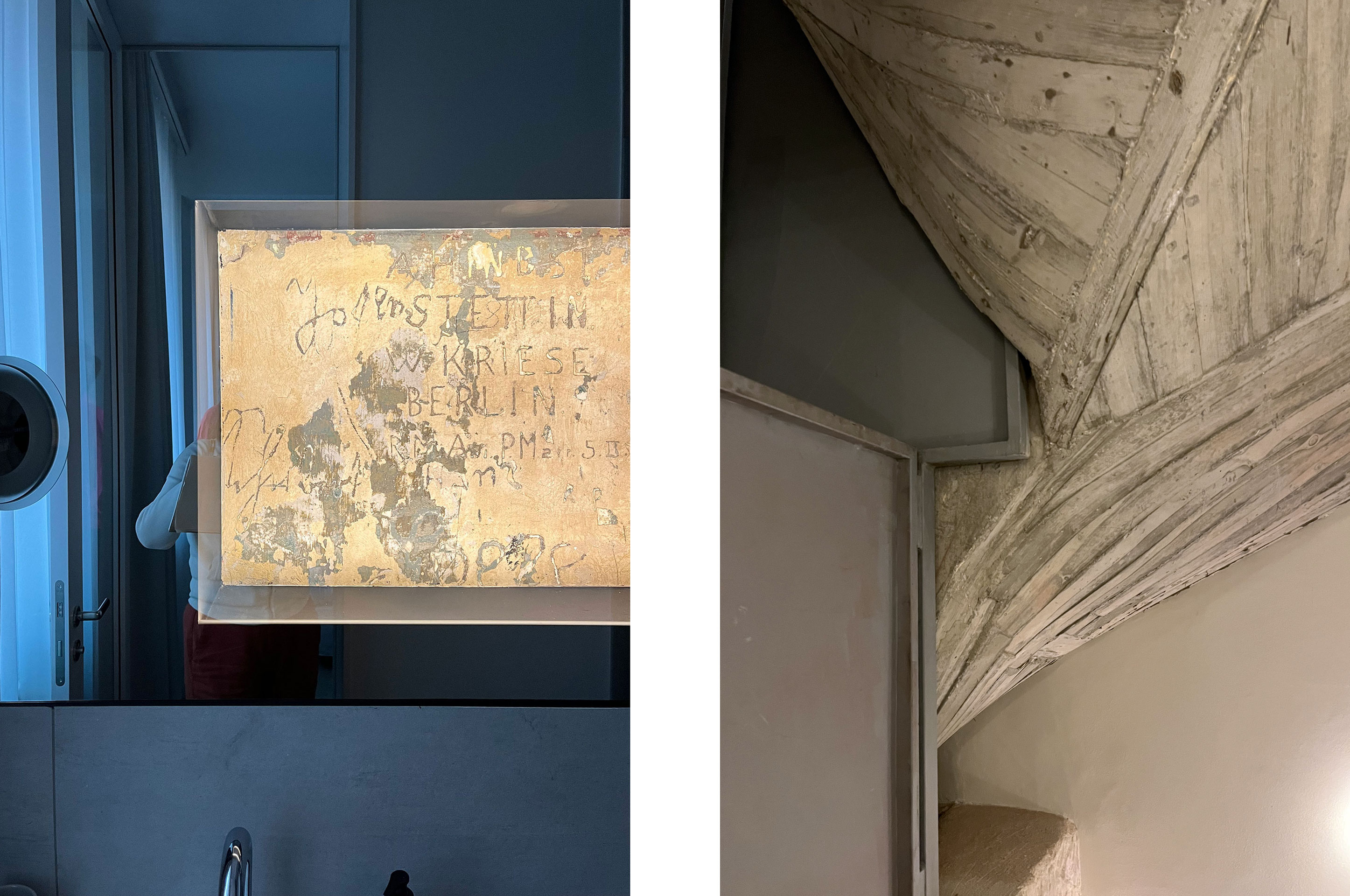 Links: Die Liebe zum Detail: Betätigt man einen Lichtschalter unter dem Spiegel, werden dahinterliegende Sgraffitti von ehemaligen Gefangenen sichtbar. Rechts: Pragmatische Ergänzungen im Treppenhaus.