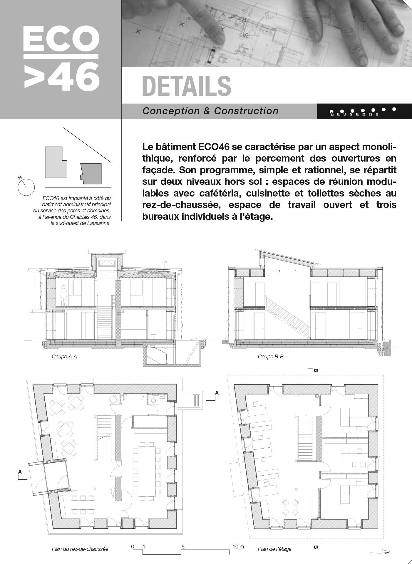 ECO46, immeuble administratif en paille porteuse, terre et bois, réalisé par le collectif CArPE sur mandat du service des parcs et domaines (SPaDom) de la Ville de Lausanne, 2010-2012.