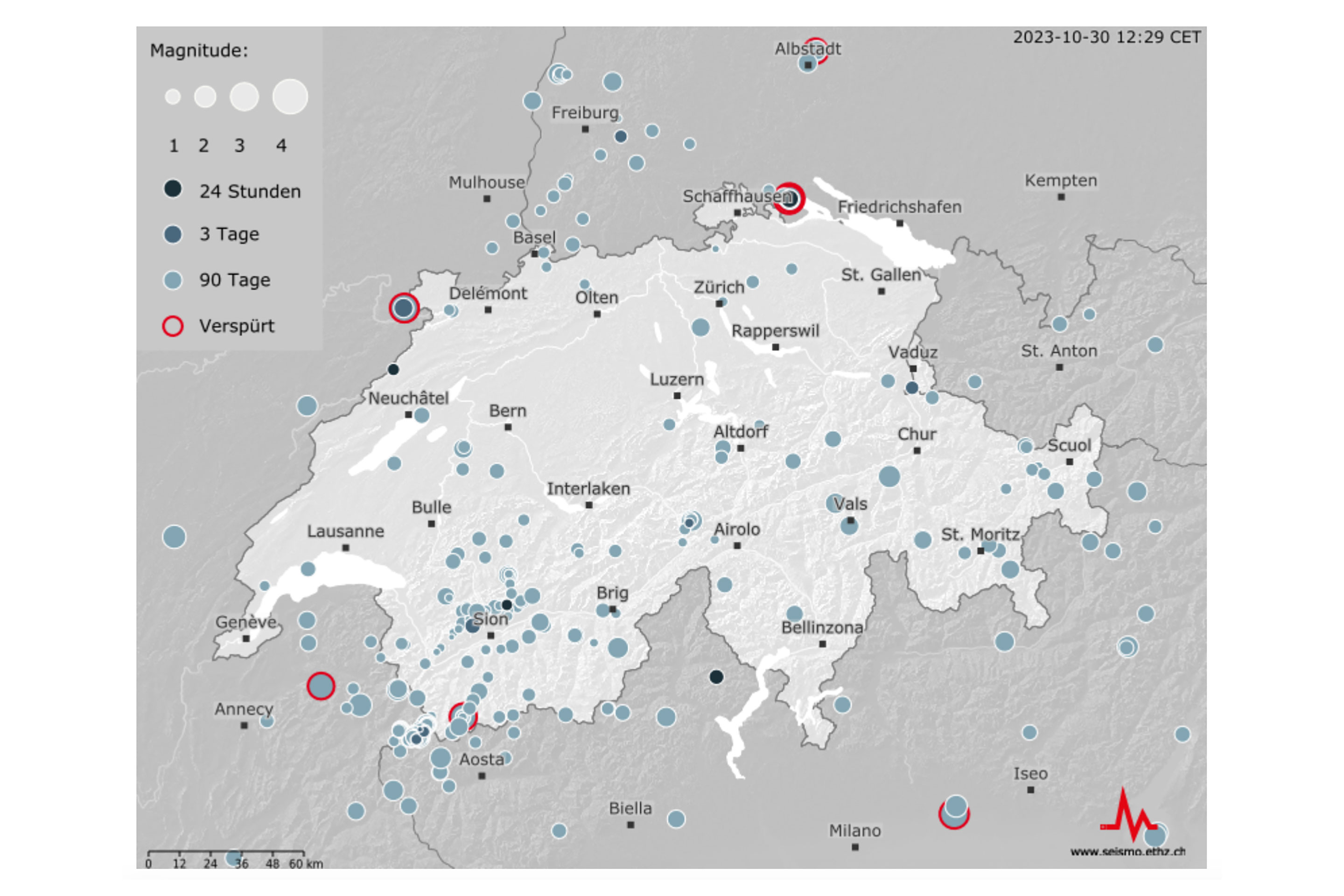 Die interaktive Karte des Schweizerischen Erdbebendiensts zeigt alle registrierten Erdbeben in der Schweiz und im grenznahen Ausland in den letzten 90 Tagen (ab dem Datum oben rechts).