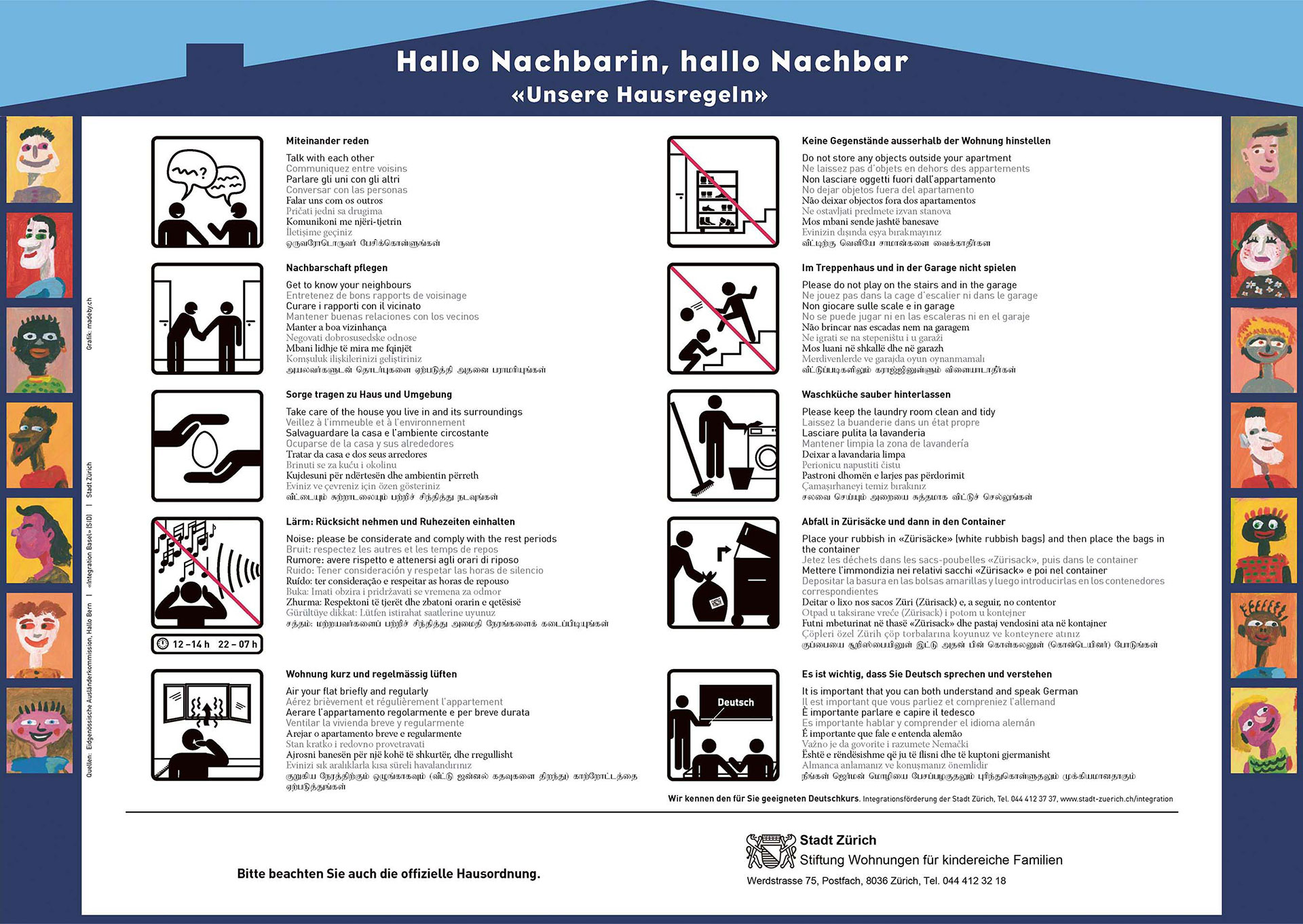 Hallo Nachbarin, hallo Nachbar - Hausordnung-Stadt-Zürich, campagna di sensibilizzazione di Zurigo e di diverse città svizzere per una buona convivenza. Fonte Stadt Zürich. Stiftung  Wohnungen für kindereiche Familien.