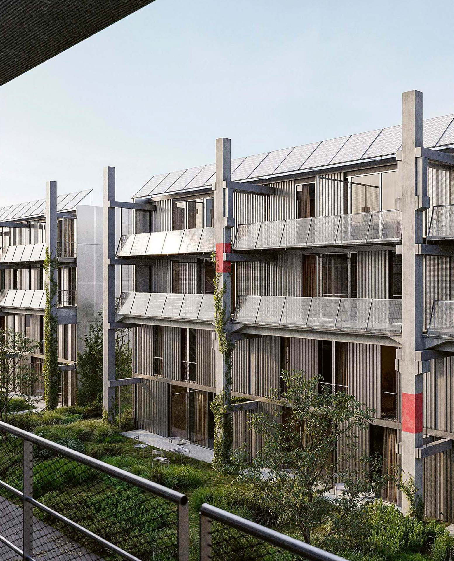 Fotorender del progetto «Elementa» del gruppo PARABASE, Monotti Ingegneri Consulenti, USUS Landschaftsarchitektur, Anima Engineering e Senn Technology, vincitore del concorso per la realizzazione di nuovi edifici residenziali nell’area Walkweg di Basilea.