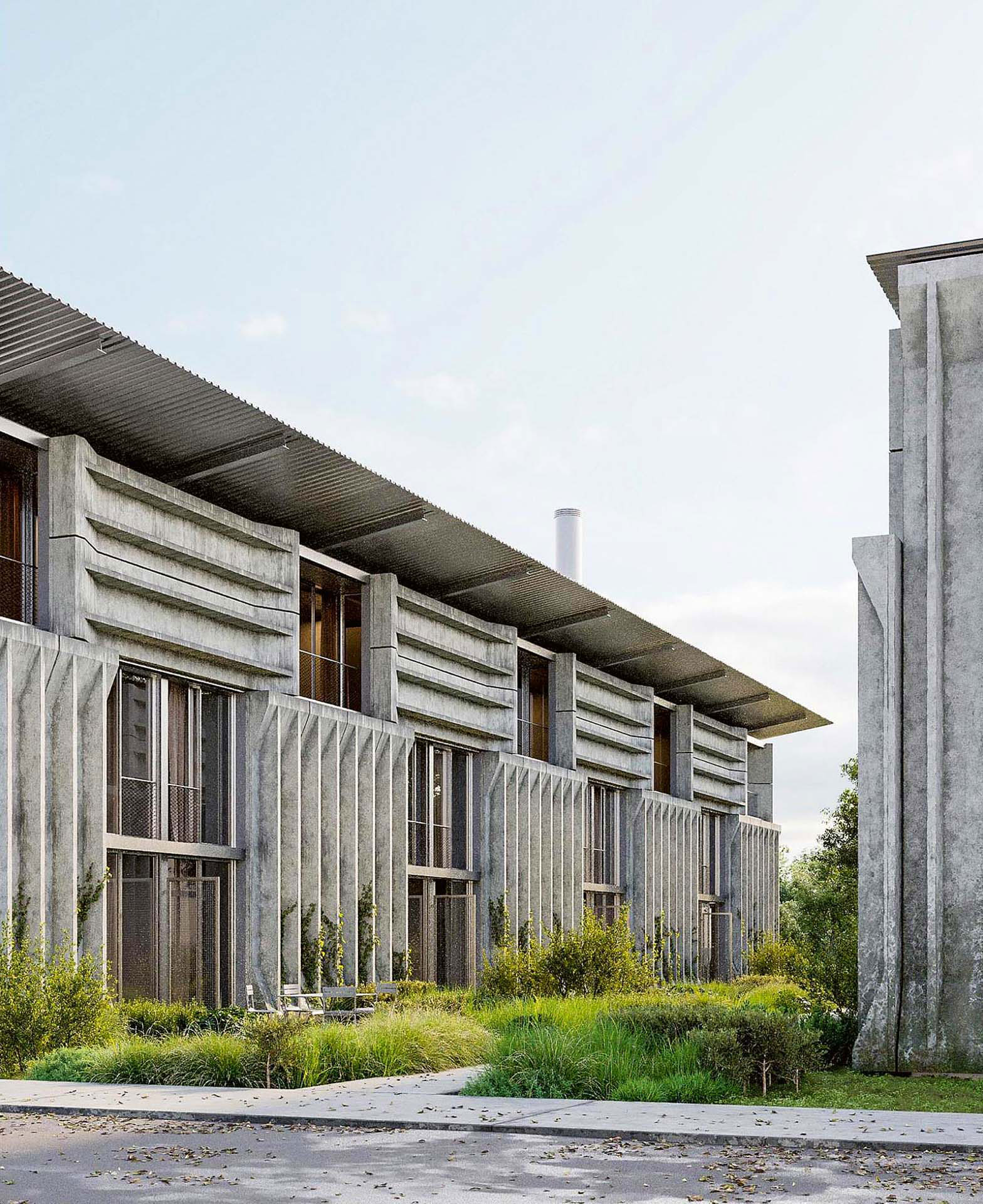 Fotorender del progetto «Elementa» del gruppo PARABASE, Monotti Ingegneri Consulenti, USUS Landschaftsarchitektur, Anima Engineering e Senn Technology, vincitore del concorso per la realizzazione di nuovi edifici residenziali nell’area Walkweg di Basilea.