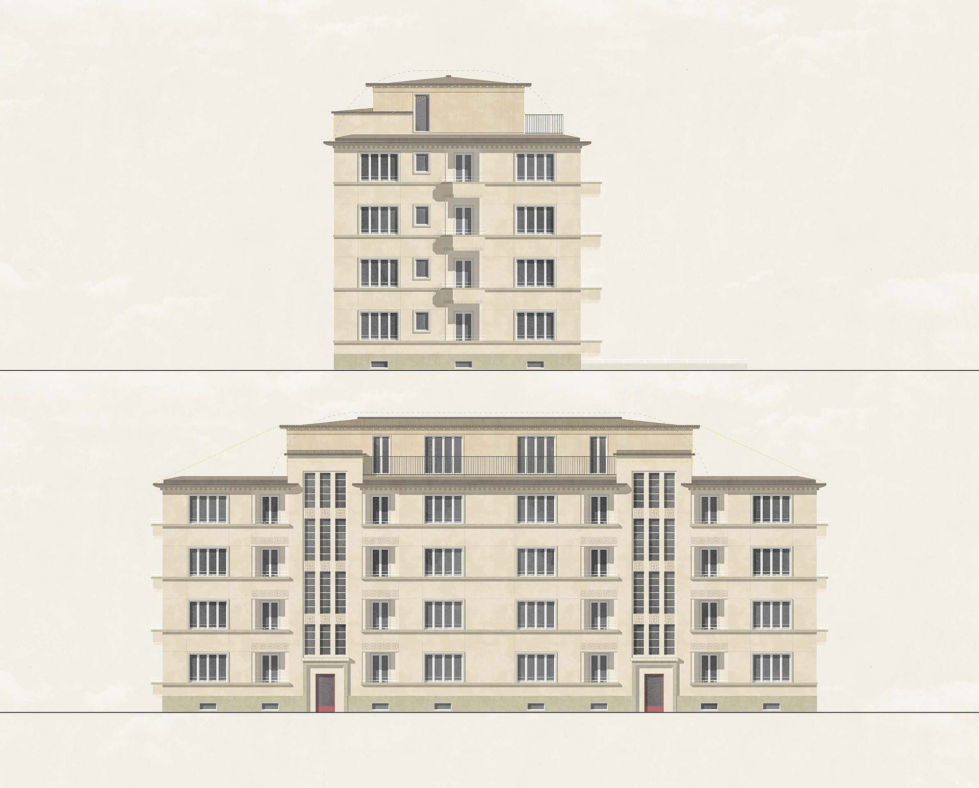 Le nouveau volume déroge au réglement communal mais respecte la composition symétrique du bâtiment.