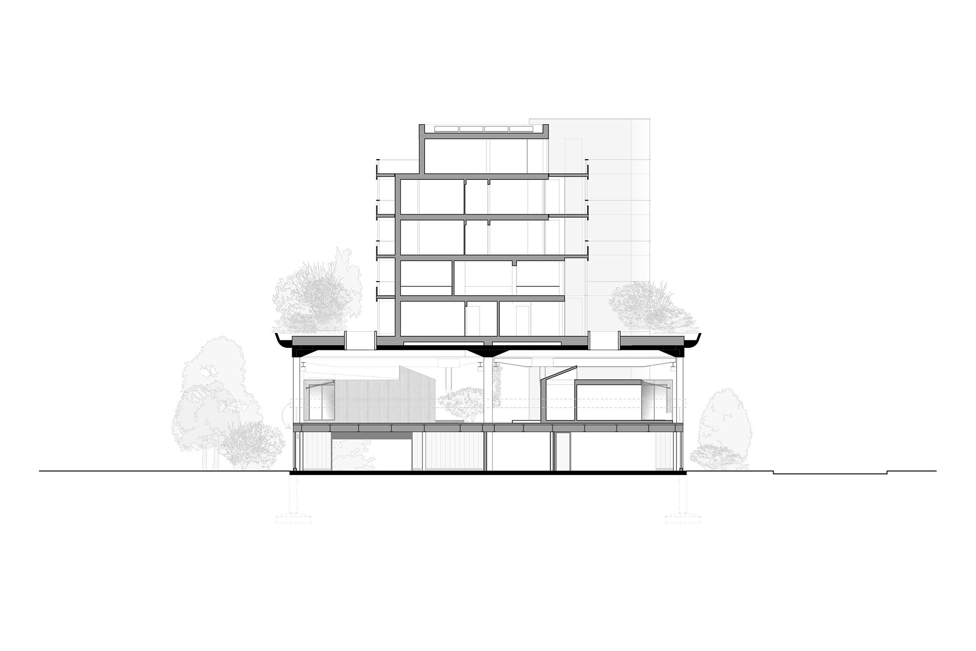 Projet de réaffectation d‘une halle industrielle en lotissement résidentiel à Schlieren (ZH), avec surélévation de cinq étages résidentiels en bois sur la halle, concours 1er prix 2022, en planification.