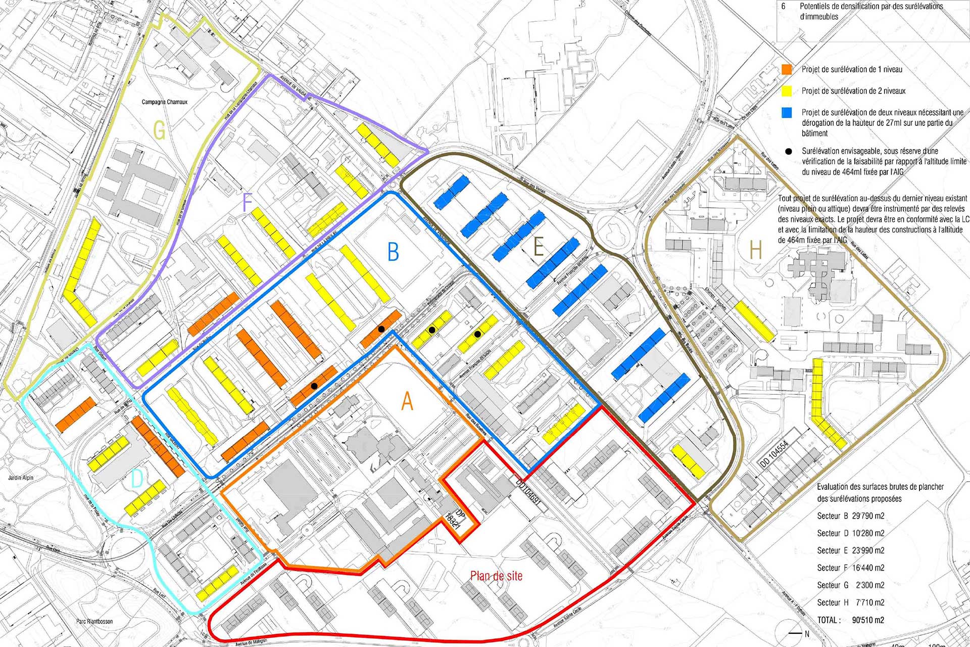 Meyrin-Cité : carte des potentiels de densification par des surélévation d’immeuble, tiré de l’Étude directrice relative à la maîtrise des potentiels de densification, mars 2012.