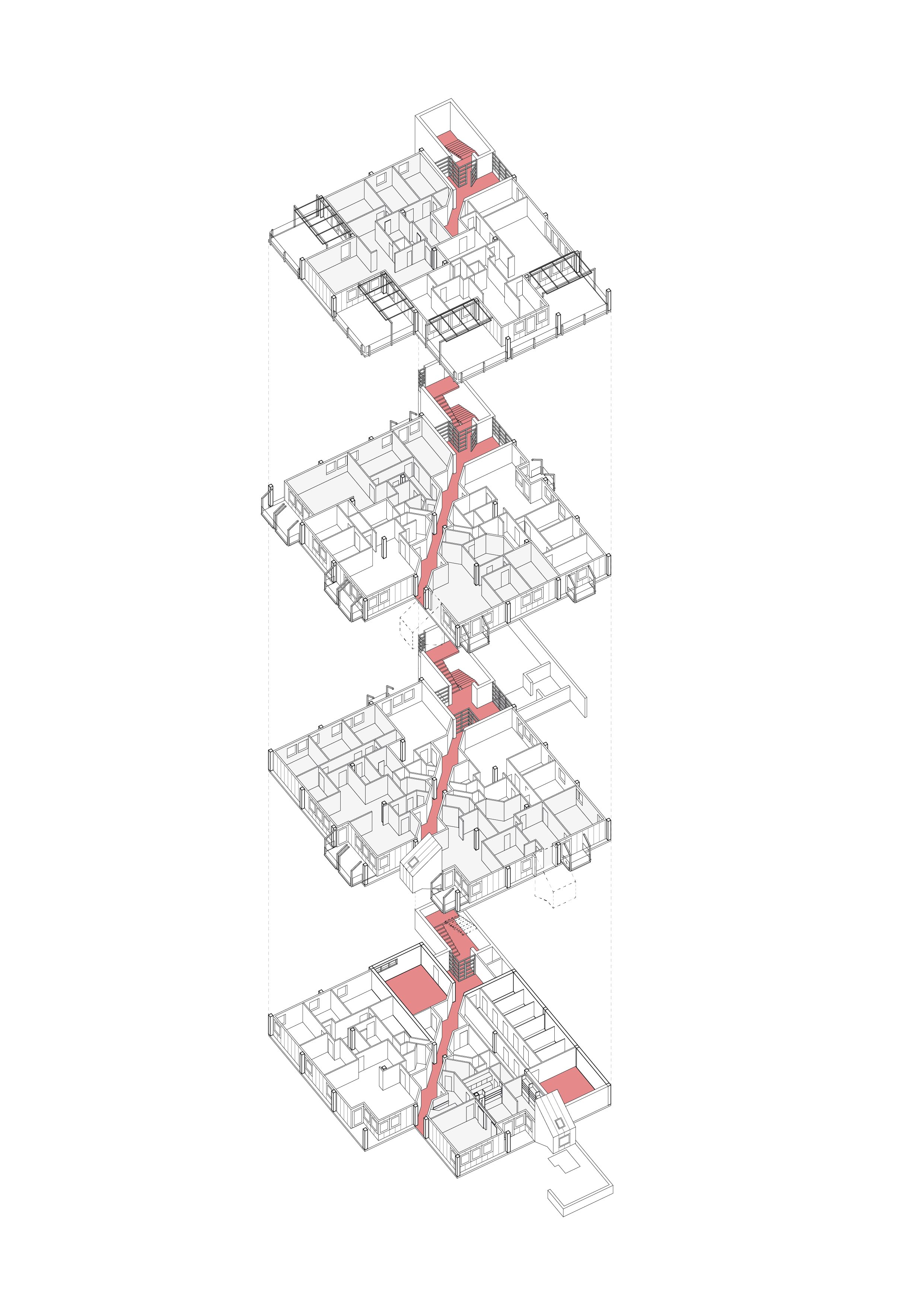 Ausbau mit elf komplett unterschiedlichen Wohneinheiten. Jede Wohnung hat einen privaten Aussenbereich, entweder Garten, Balkon oder Dachterrasse. Gemeinschaftliche Bereiche in rot