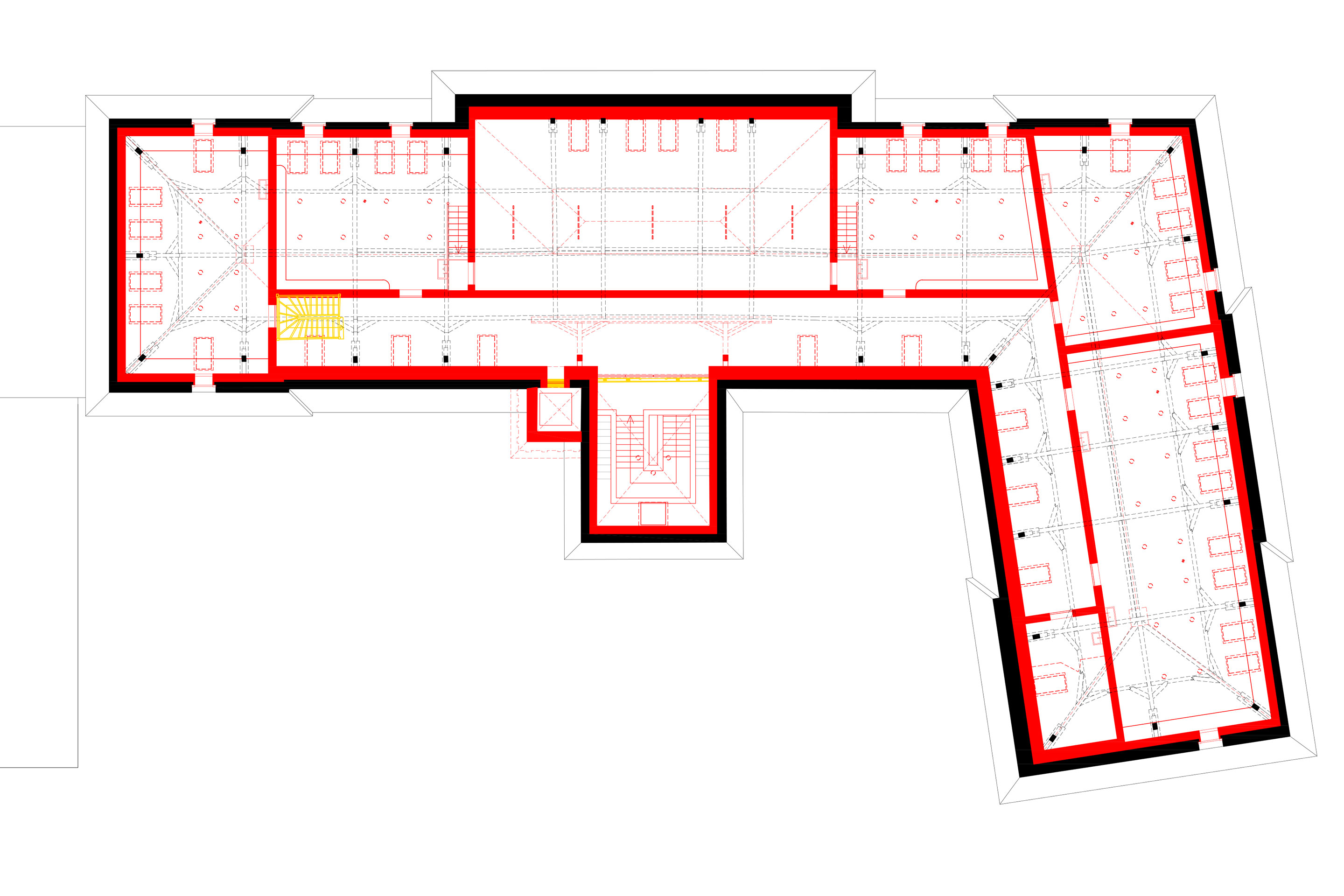 Das ausgebaute Dachgeschoss mit dem Lager für die Handarbeitsräume im Zentrum sowie den Handarbeitsräumen und den Räumen für die Tagesbetreuung.