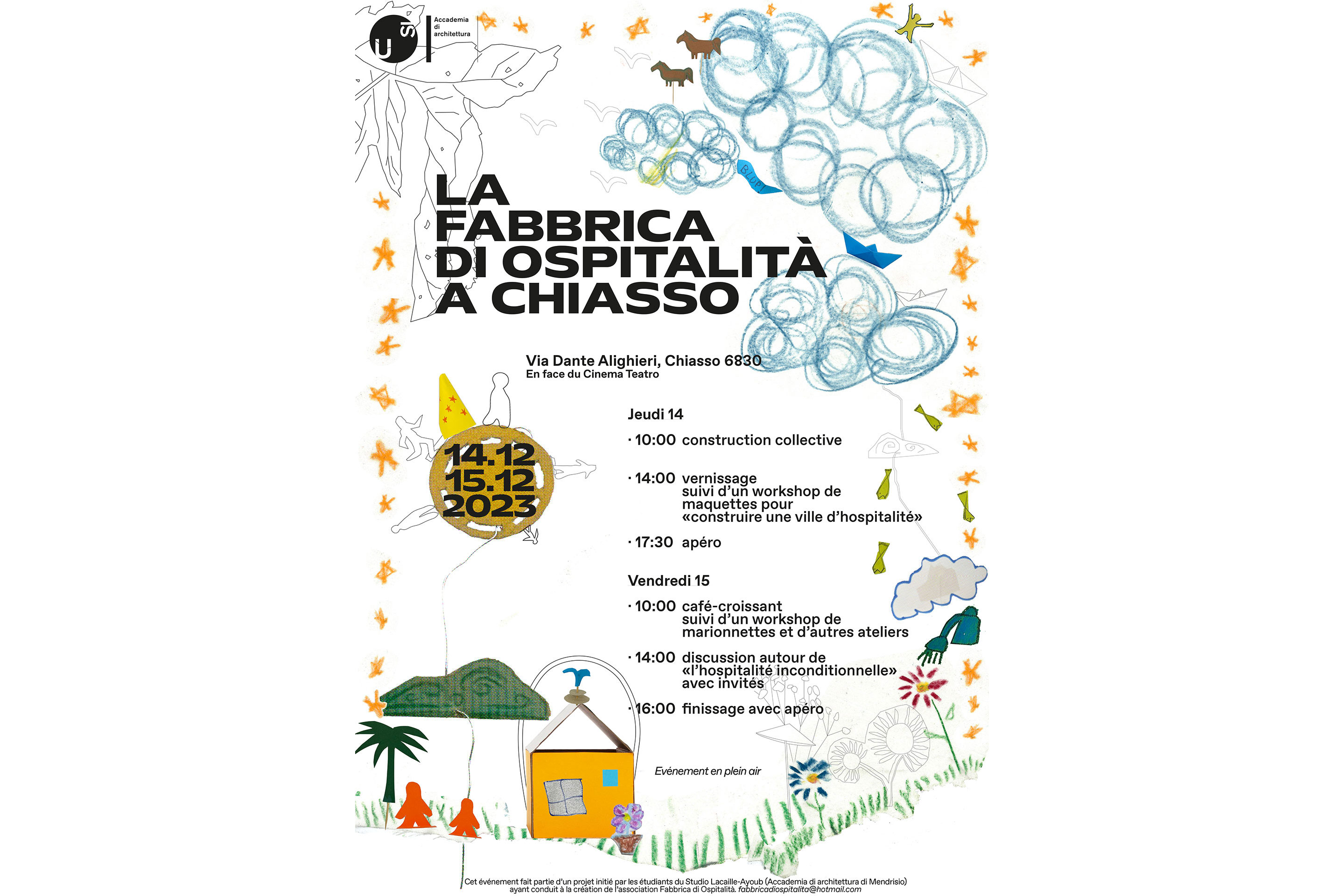 Flyer d’invitation pour le projet collectif des étudiants «Fabbrica di Ospitalità», à Chiasso, les 14 et 15 décembre prochains.