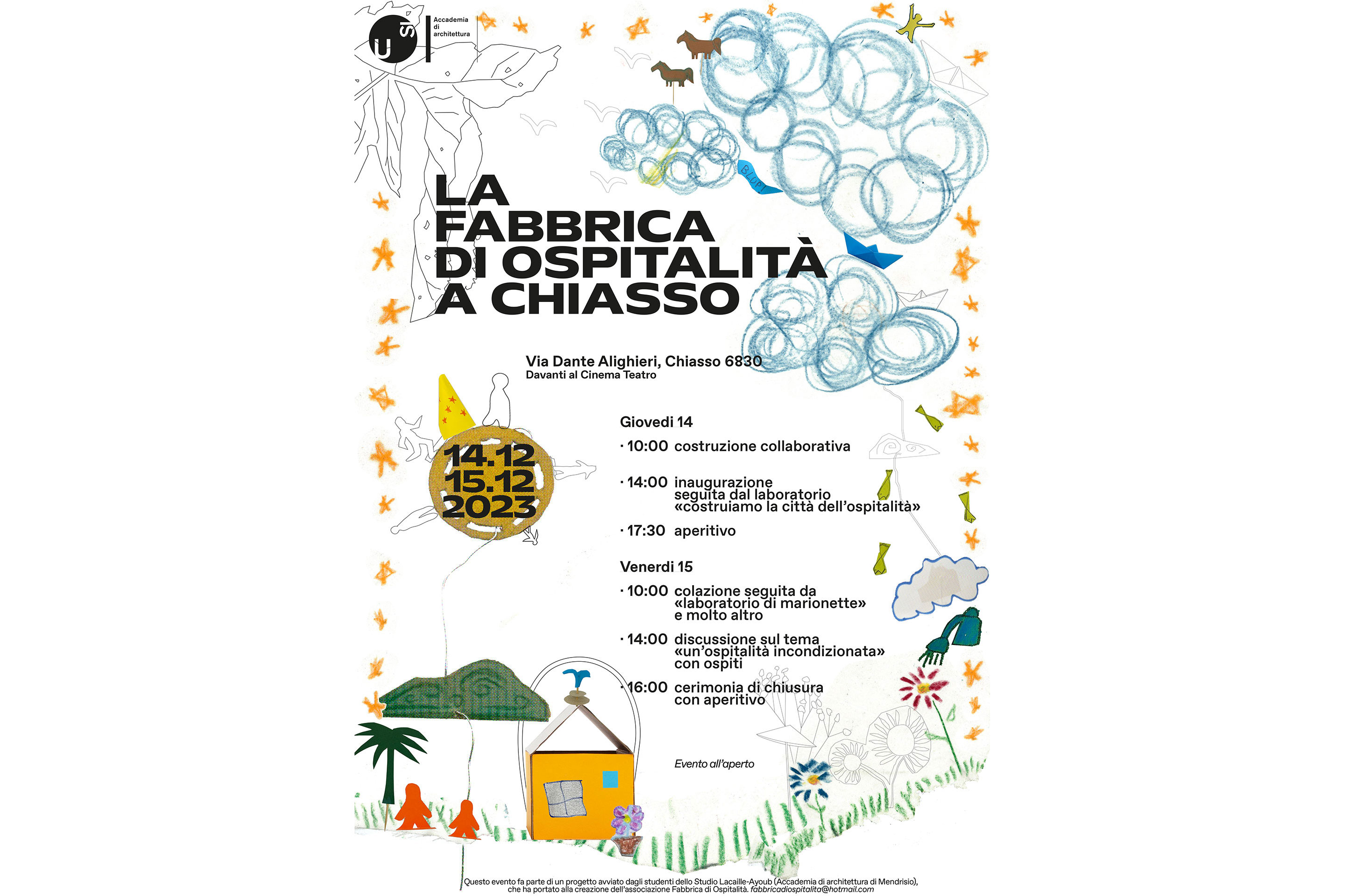 Volantino di invito al progetto collettivo studentesco «Fabbrica di Ospitalità», a Chiasso il 14 e 15 dicembre.