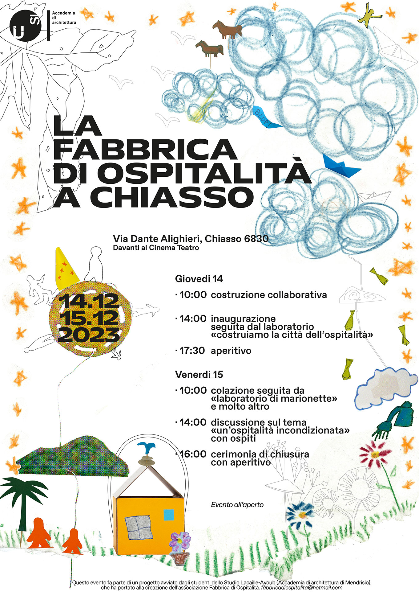 Volantino di invito al progetto collettivo studentesco «Fabbrica di Ospitalità», a Chiasso il 14 e 15 dicembre.
