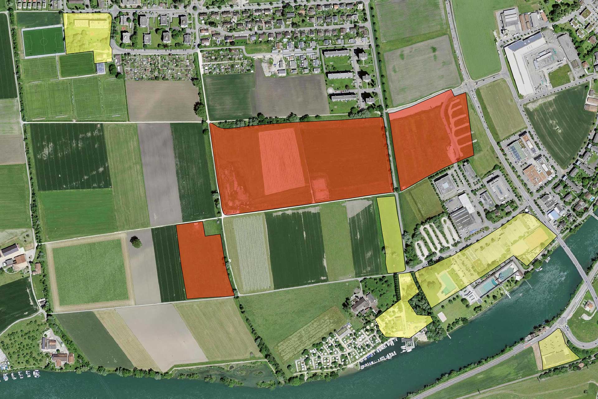 Beispielauszug aus dem Kataster der belasteten Standorte: «Stadtmist» Solothurn. Rot: Belastete und sanierungsbedürftige Standorte; Gelb: Belastete Standorte, von denen entweder keine schädlichen beziehungsweise belästigenden Einwirkungen zu erwarten sind oder die weder überwachungs- noch sanierungsbedürftig sind.