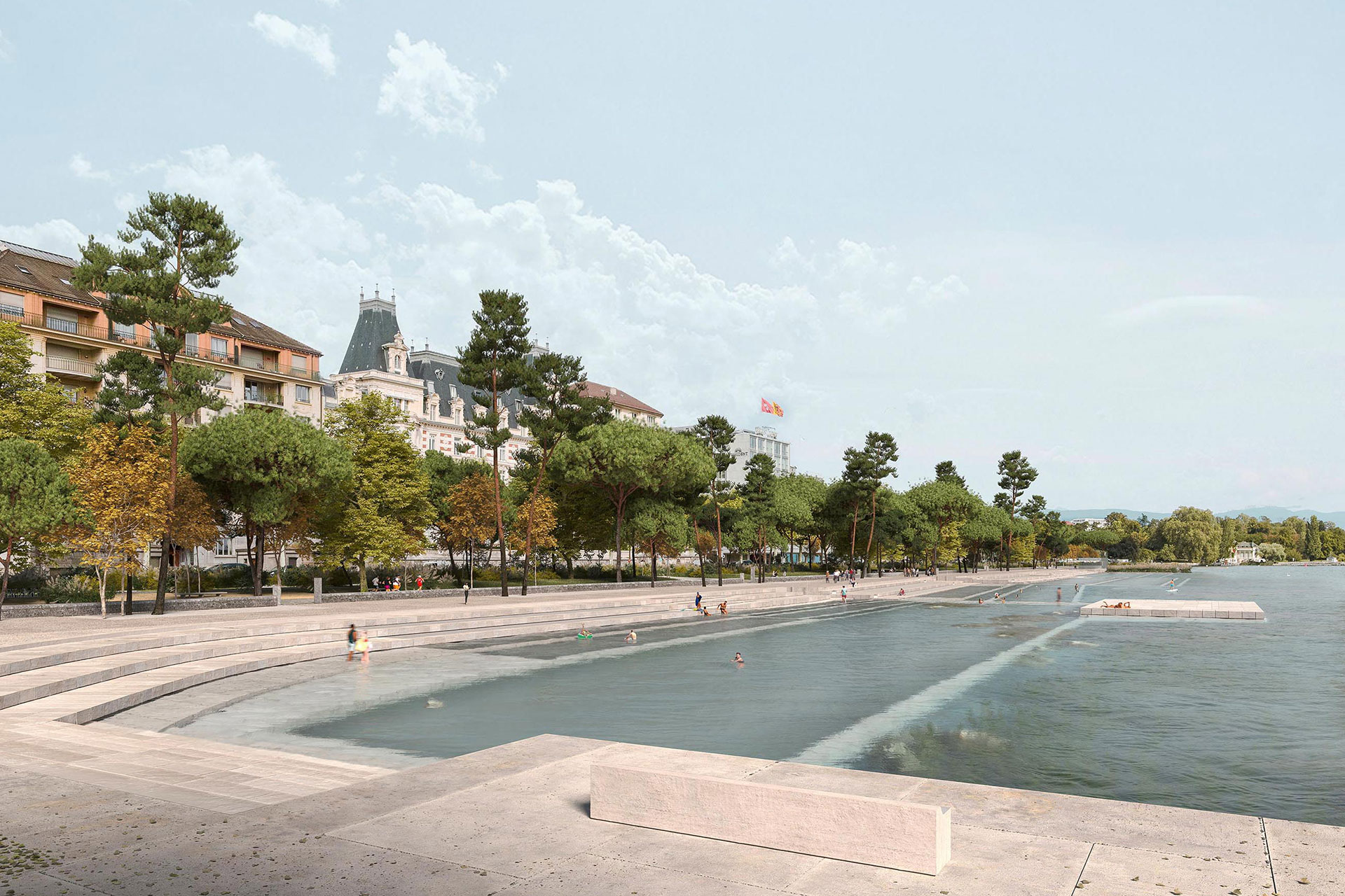 Projet lauréat, Les marches de Théia: grands emmarchements en pierre et larges bassins immergés.