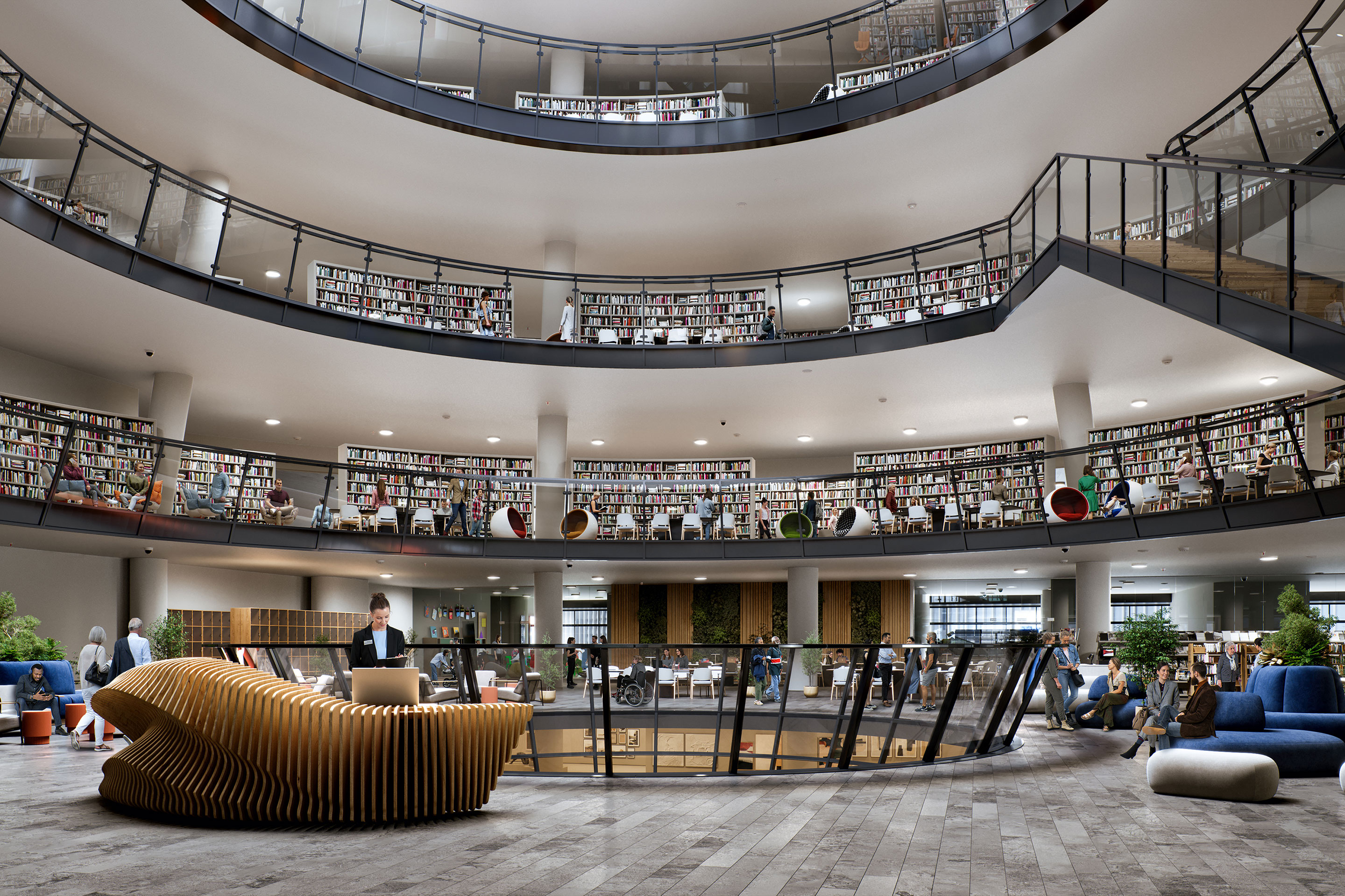 So könnte die Bibliothek dereinst aussehen: Visualisierung des Innenraums.