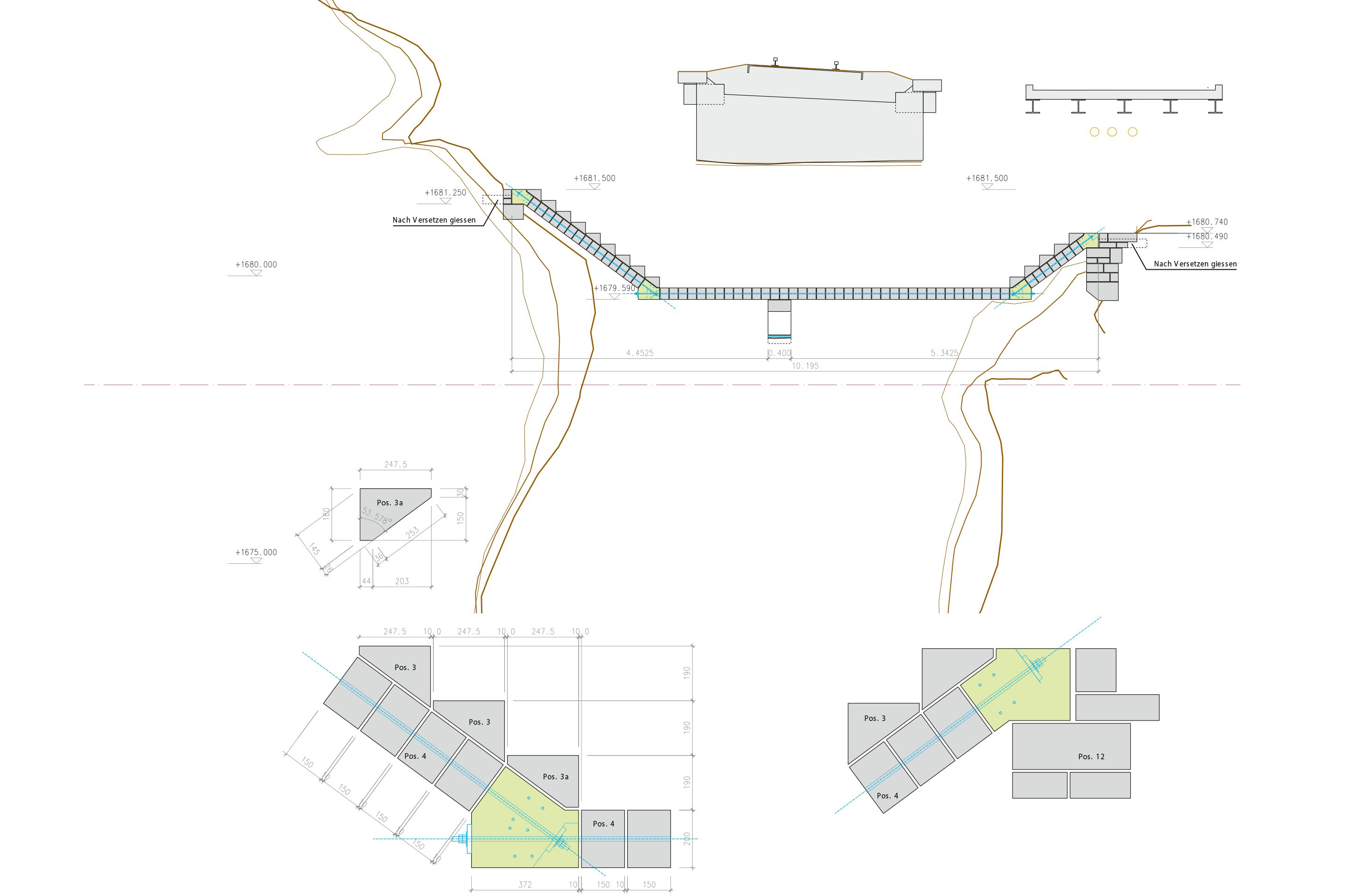 Dettagli esecutivi e schizzi che illustrano l’eleganza formale e la ricercata forma strutturale della passerella collocata al di sotto del ponte ferroviario della linea del Bernina.