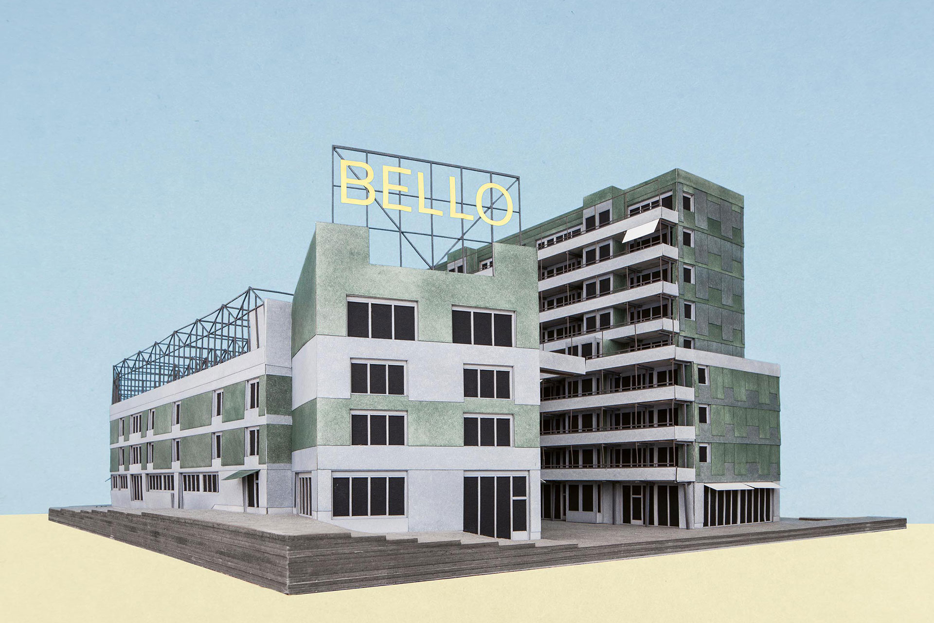 Le collage issu du concours. «Bello» a pu conserver sa conception du projet jusqu’au bâtiment fini. Seul le panneau est resté une idée.