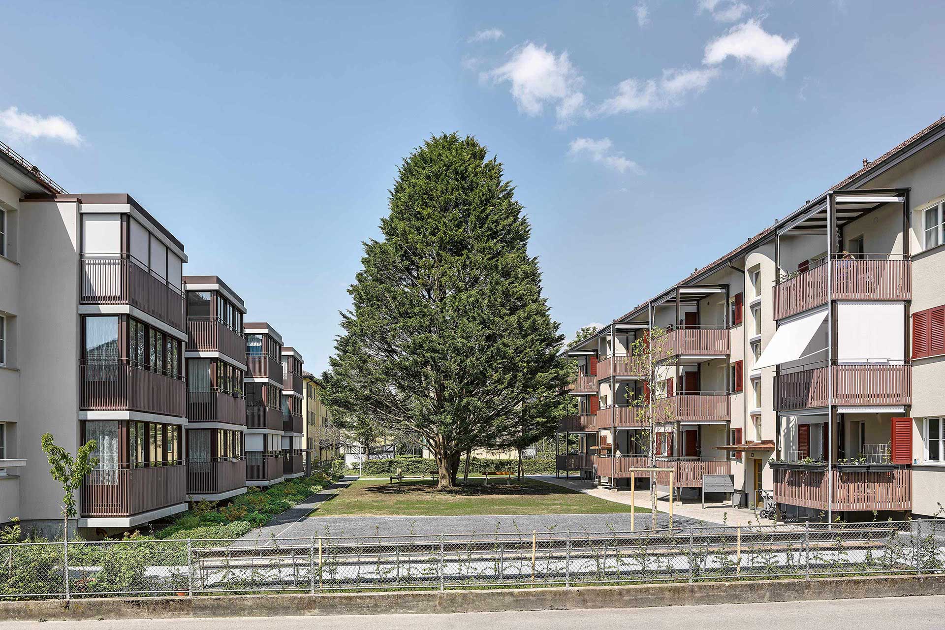 I parapetti dei balconi rinnovati e gli ampliamenti a sbalzo (bovindi) creano un rapporto visivo ben riuscito.