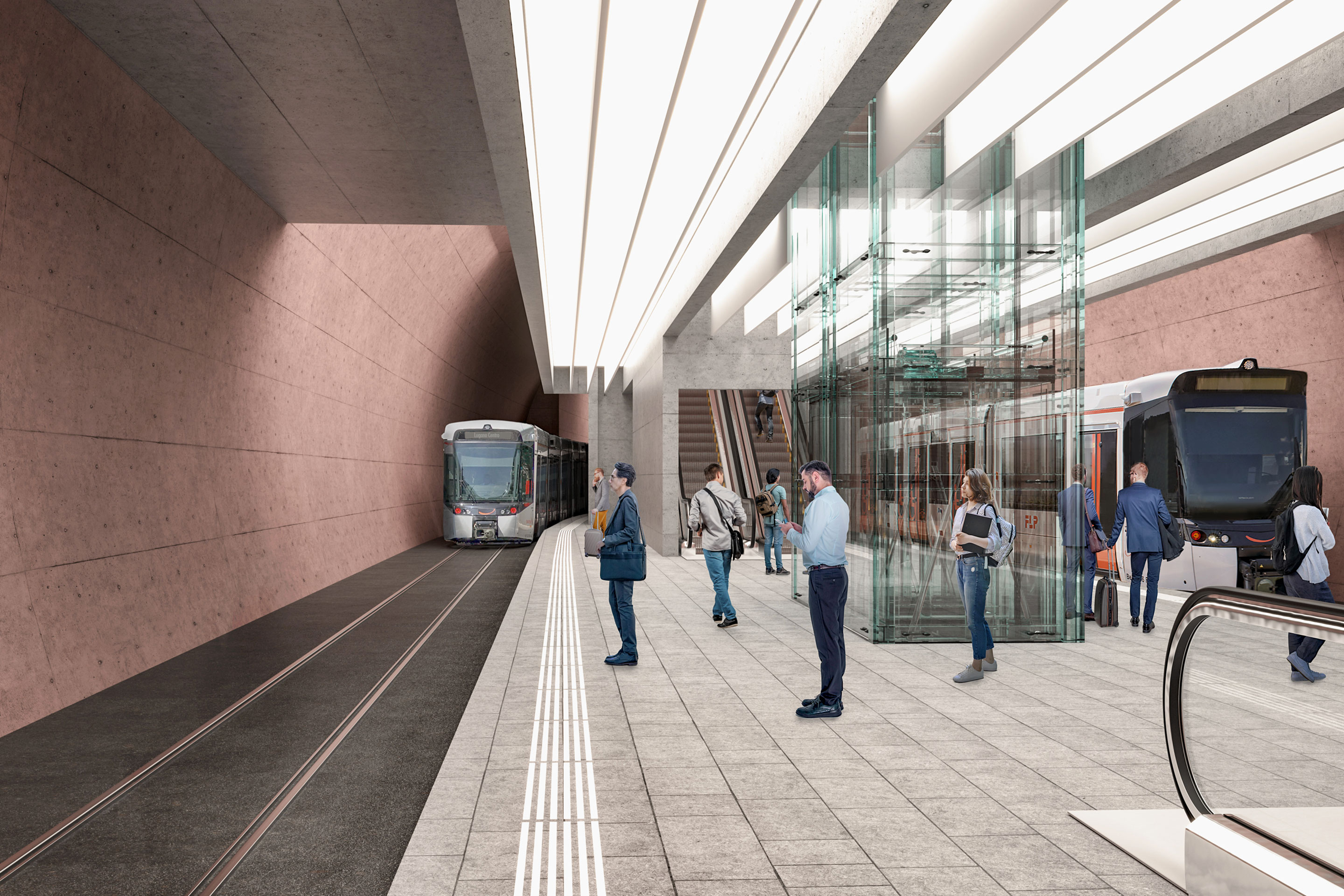 Rendering der neuen unterirdischen Haltestellte der Tramlinie in Lugano SBB.