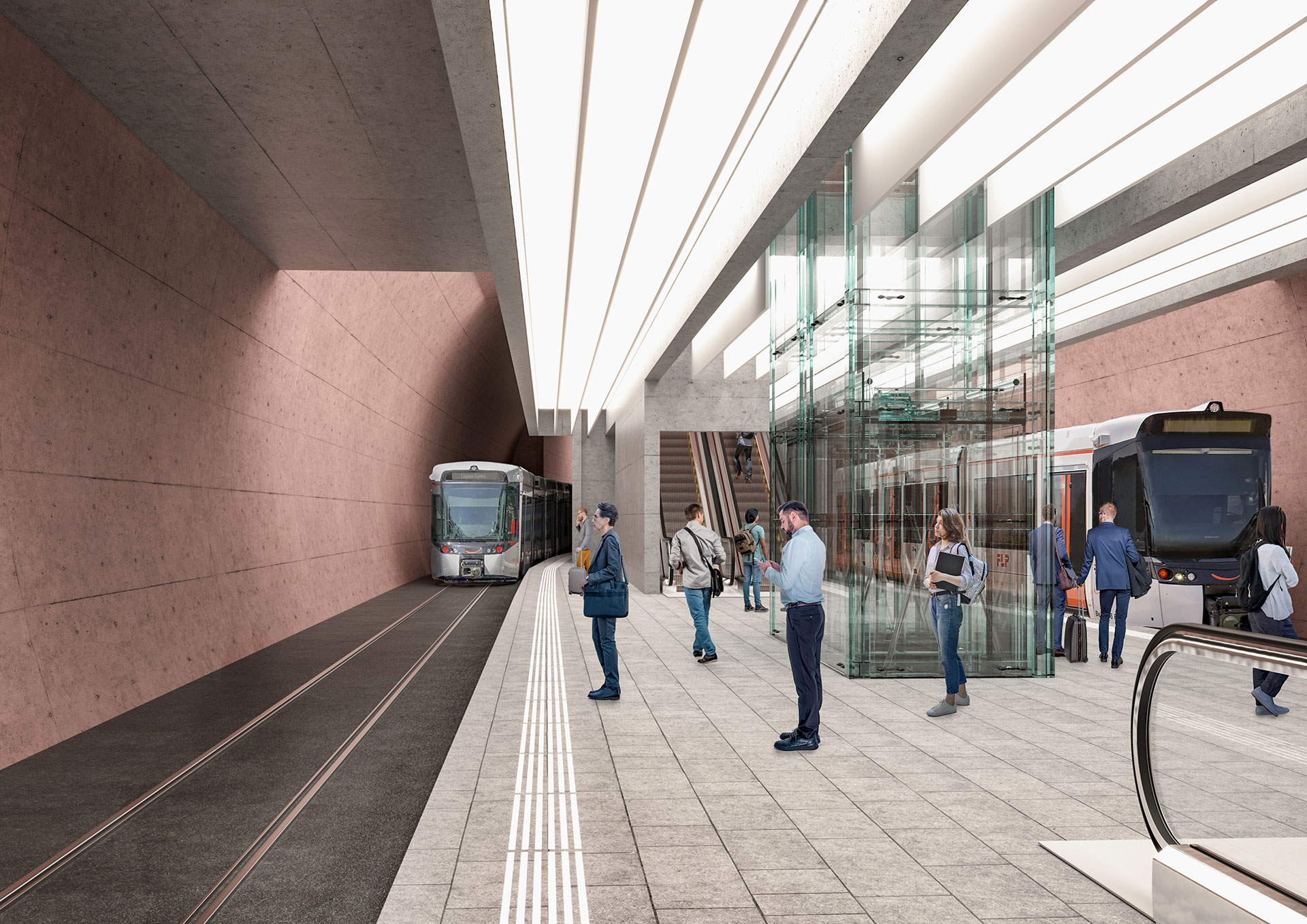 Rendering della nuova stazione sotterranea del tram-treno a Lugano FFS.