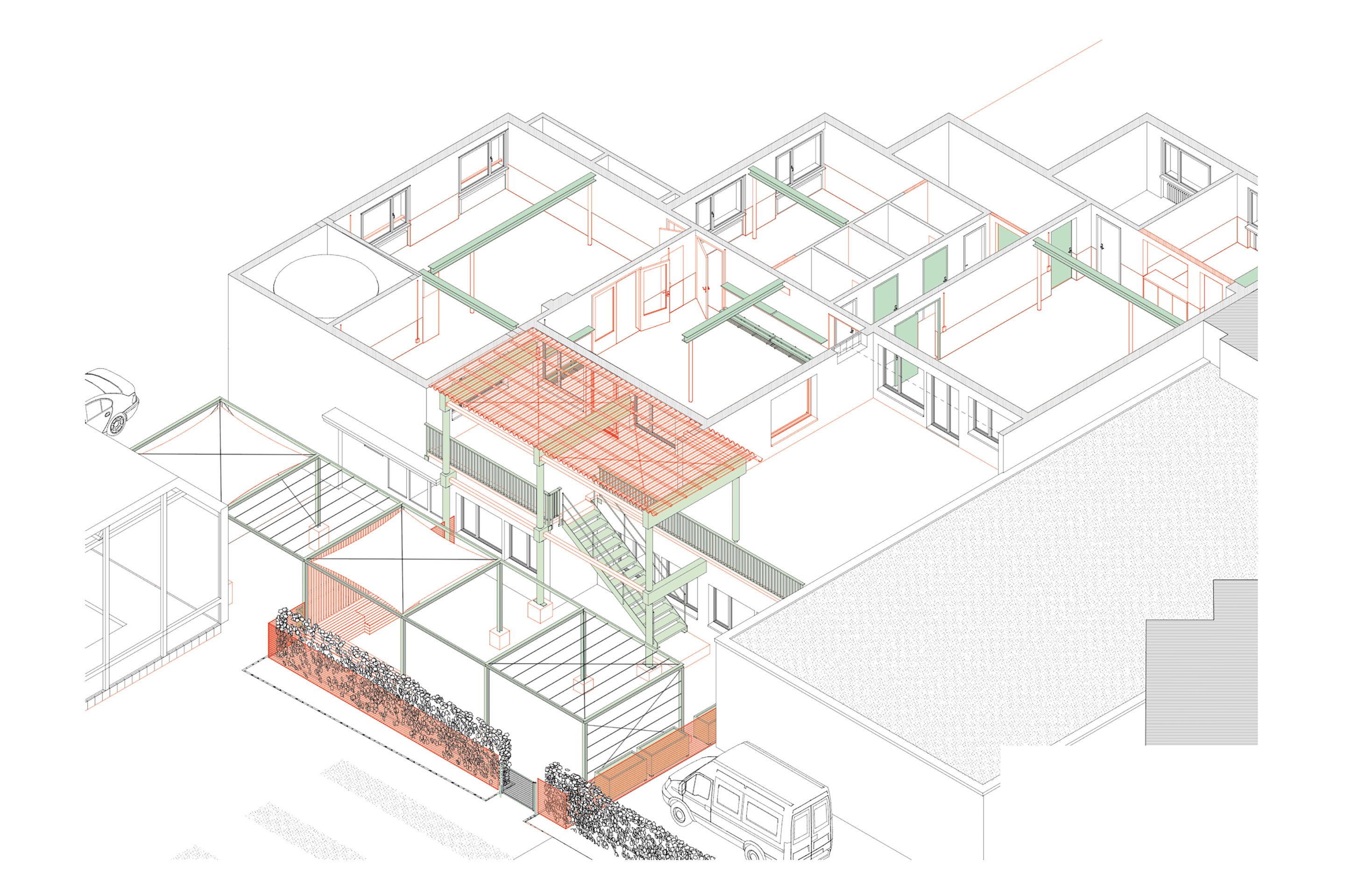 Die Axonometrie zeigt die wiederverwendeten Elemente in Grün. Die roten – darunter Fenster, Eingangstüren, Holzböden, Terrassenplatten und Spielplatz – sind neu.