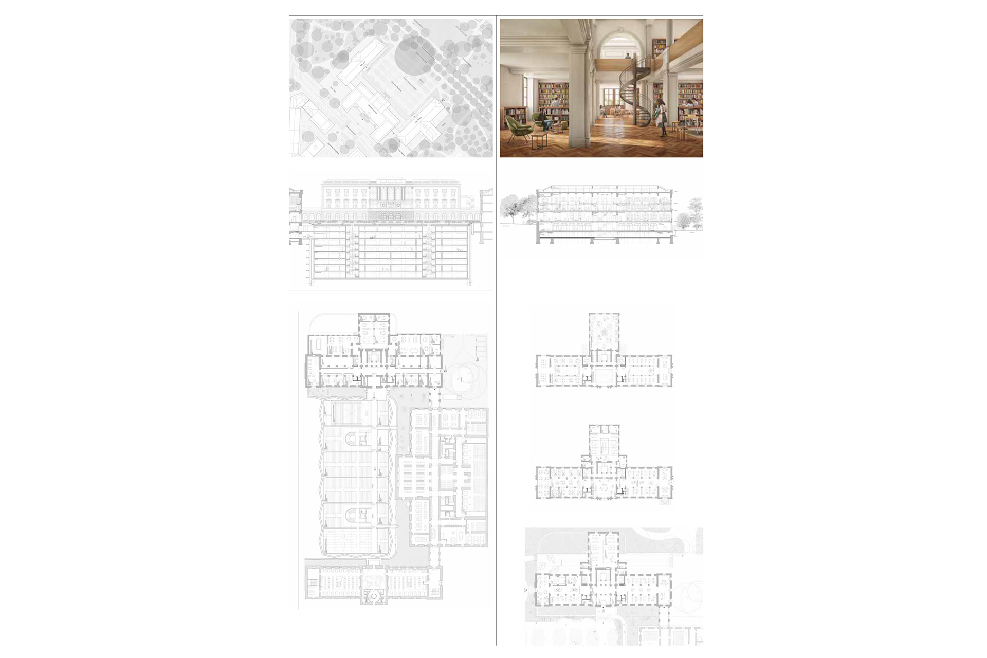 Percaline (2e rang, 2e prix), Sylla Widmann architectes, structurame. À gauche: plan de situation, coupe sur le dépôt souterrain et plan du niveau -1. À droite: coupe et plans des niveaux 2, 1 et 0.