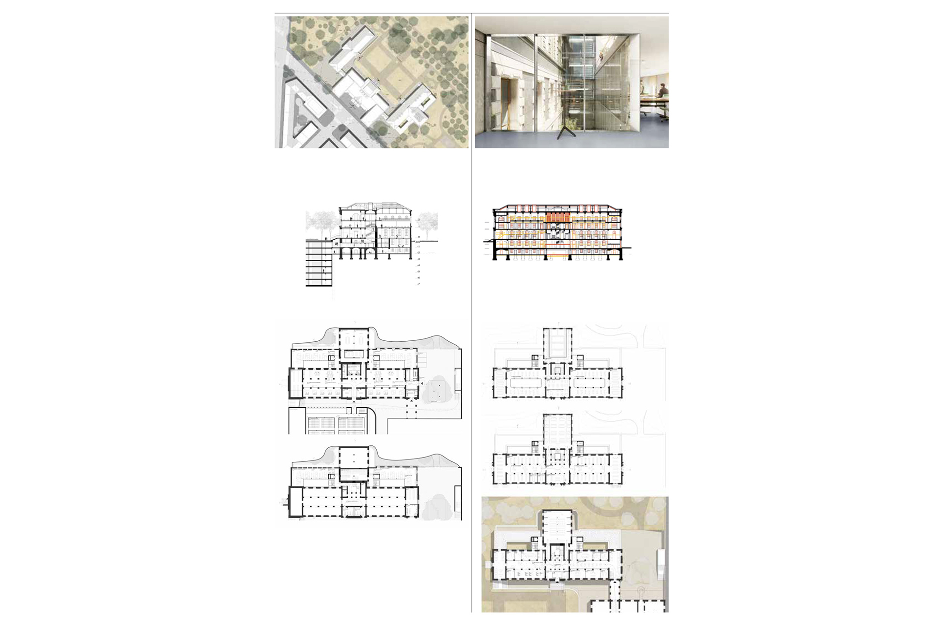 Plume du peintre (6e rang, 6e prix), Aebi &amp; Vincent Architekten, WAM Planer und Ingenieure. À gauche: plan de situation, coupe sur le dépôt souterrain et plan du niveau -1. À droite: schéma de transformation et plans des niveaux 2, 1 et 0.
