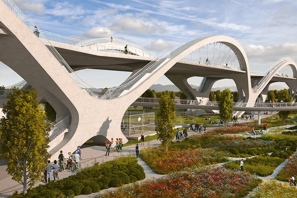 Anfänglich gingen die Architekten von X-förmigen Überschneidungen der Bögen aus. Diese erste Variante war aber mit Bedenken hinsichtlich der seismischen Leistungsfähigkeit des Bauwerks verbunden.