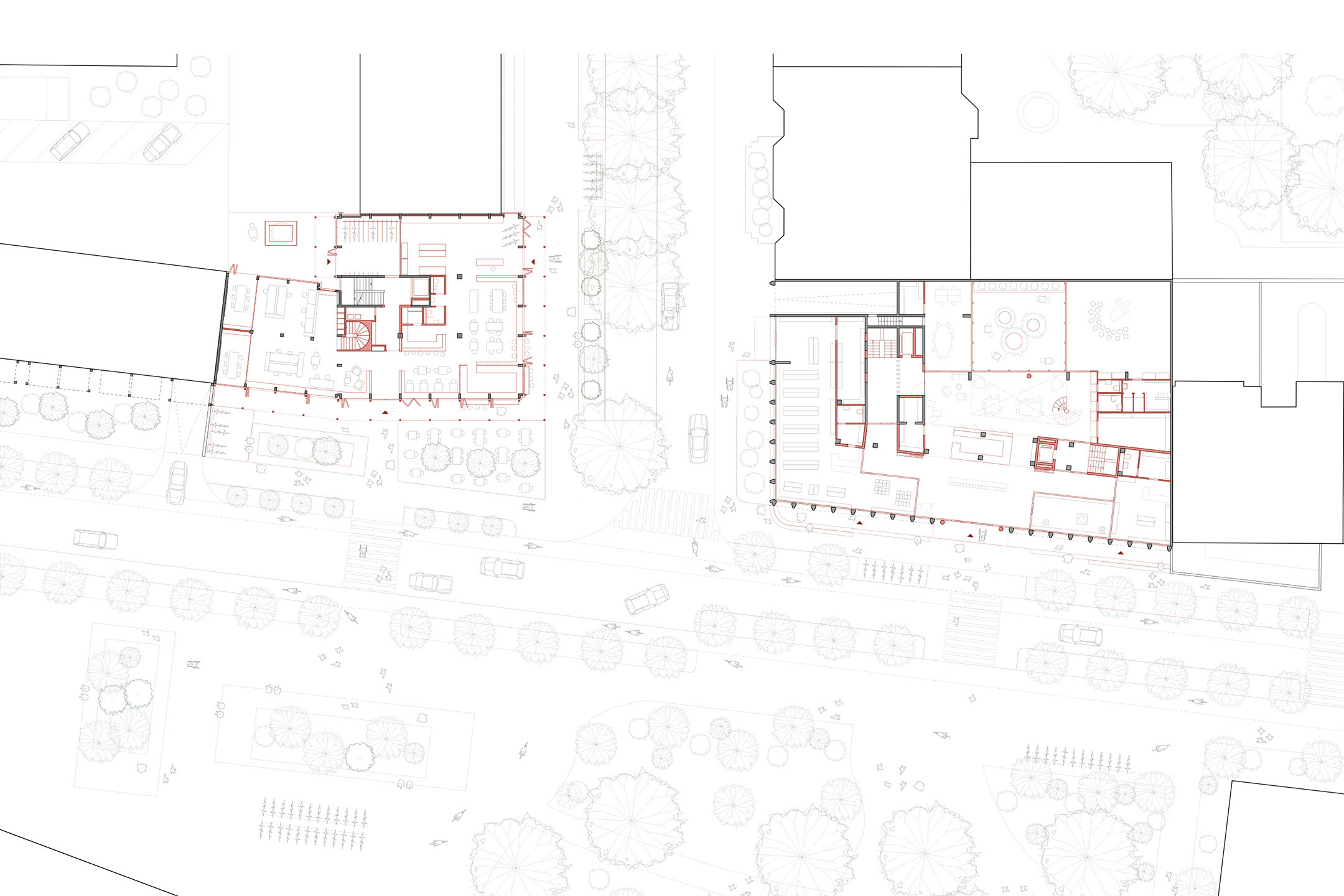 Immeubles Gavard et Caroubiers, plans du rez-de-chaussée. Projets : Adriano Trovato, Célestin Schwab, Maëlle Gatard et Nathan Demont
