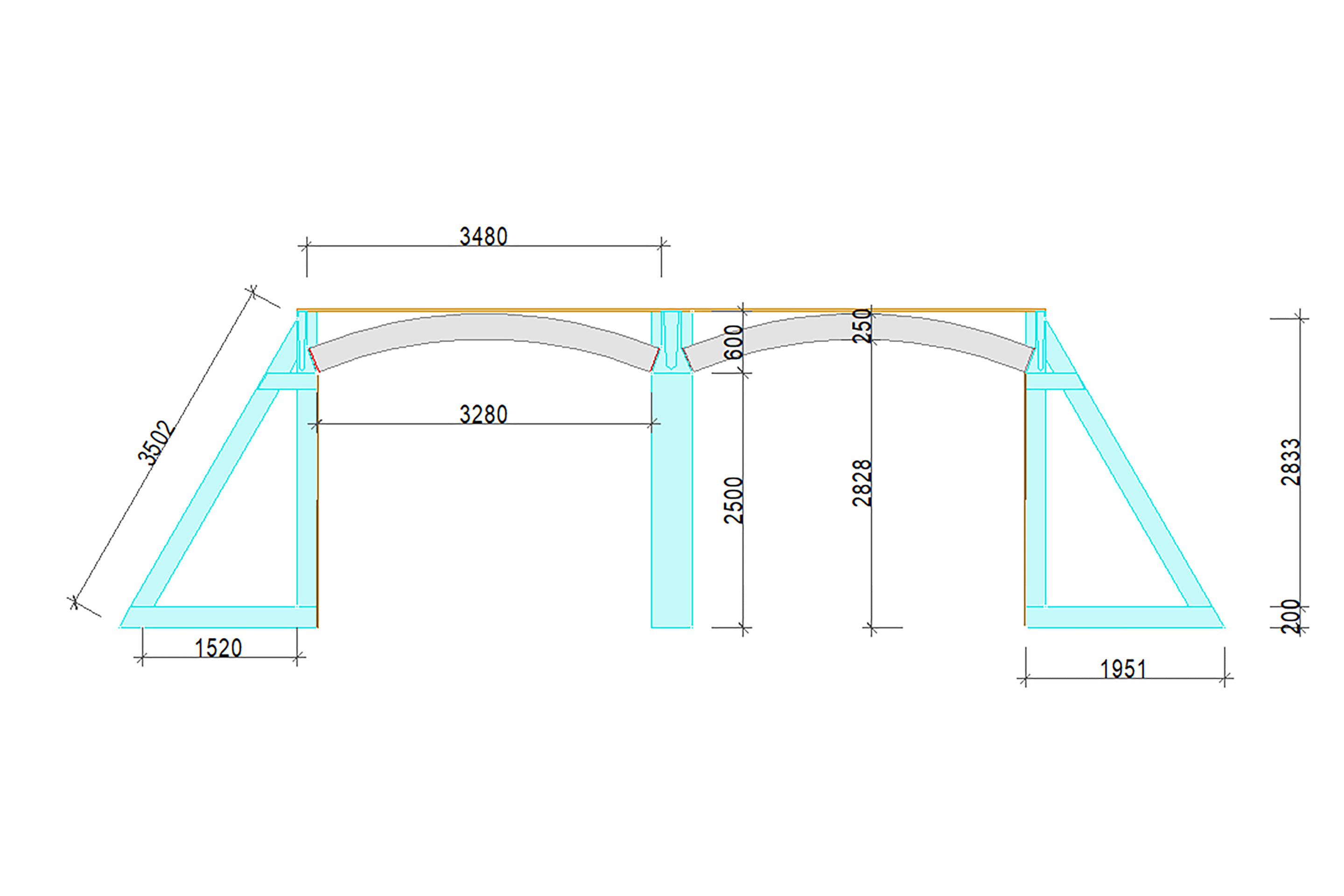 Les arches en terre ont été construites de manière à ce que, pour l’ensemble des cas de charge, la ligne de poussée soit comprise à l’intérieur du matériau. Il en résulte une arche d’une portée théorique de 3.50 m et d’une flèche de 54 cm.