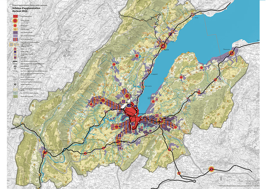 2007: la planification change d’échelle. Le premier projet d’agglomération «franco-valdo-genevois» (qui deviendra Grand Genève en 2012) élargit la réflexion au bassin de vie et inclut les territoires français limitr ophes et la région de Nyon.