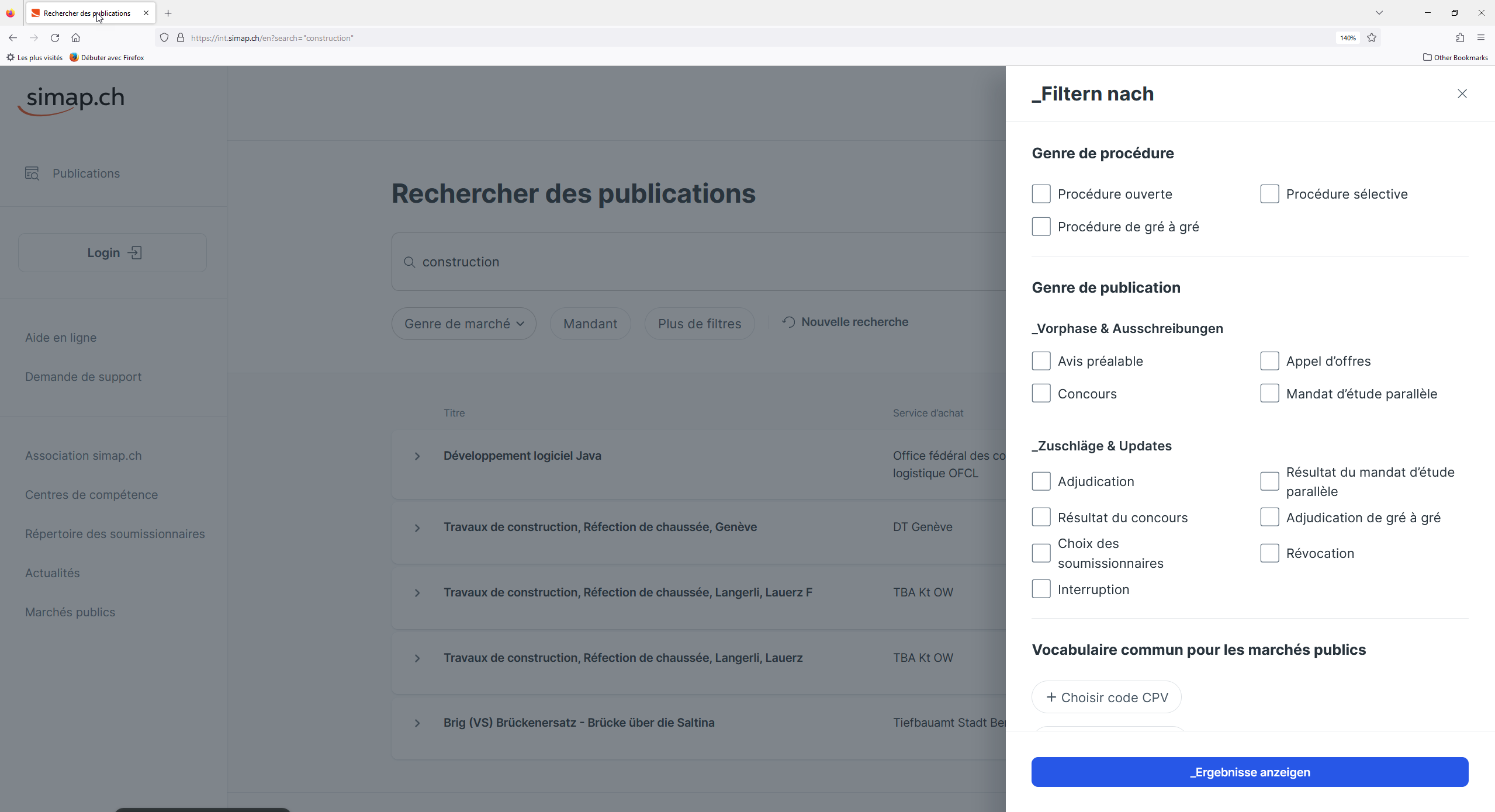 La fonction de recherche sur la nouvelle page d’accueil de simap.ch est intuitive et structurée. Elle permet de filtrer les résultats selon le type de marché, les adjudicateurs, les types de procédure, le vocabulaire commun, la date de publication, parmi d'autres critères pertinents. De plus, il est possible d'enregistrer une recherche en un seul clic comme un abonnement. (Note : La traduction du nouveau simap.ch est en cours et certains termes doivent encore être finalisés. Ce processus sera achevé en mai.