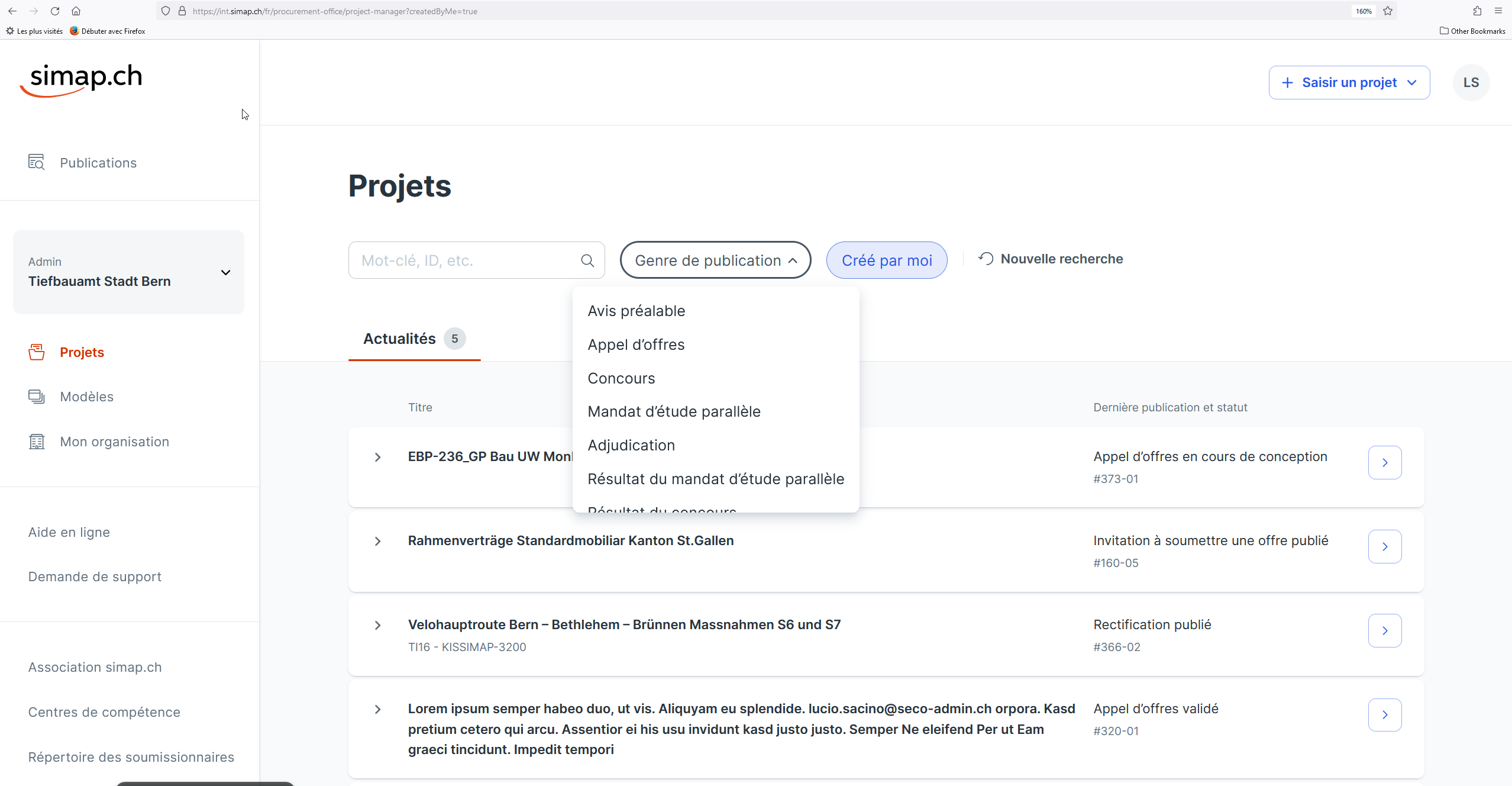 Le tableau de bord épuré aide les services d'achat à conserver une vue d'ensemble. Dans le menu de gauche sous «Projets», ils peuvent naviguer entre les différents projets pour les gérer. En haut, ils peuvent effectuer des recherches ciblées en utilisant des mots-clés et, dans les menus à droite, filtrer les résultats selon le type de publication ou les projets qu'ils ont initiés. (Note : Le nouveau simap.ch est actuellement en traduction et en cours de validation des termes. Le processus devrait être termi