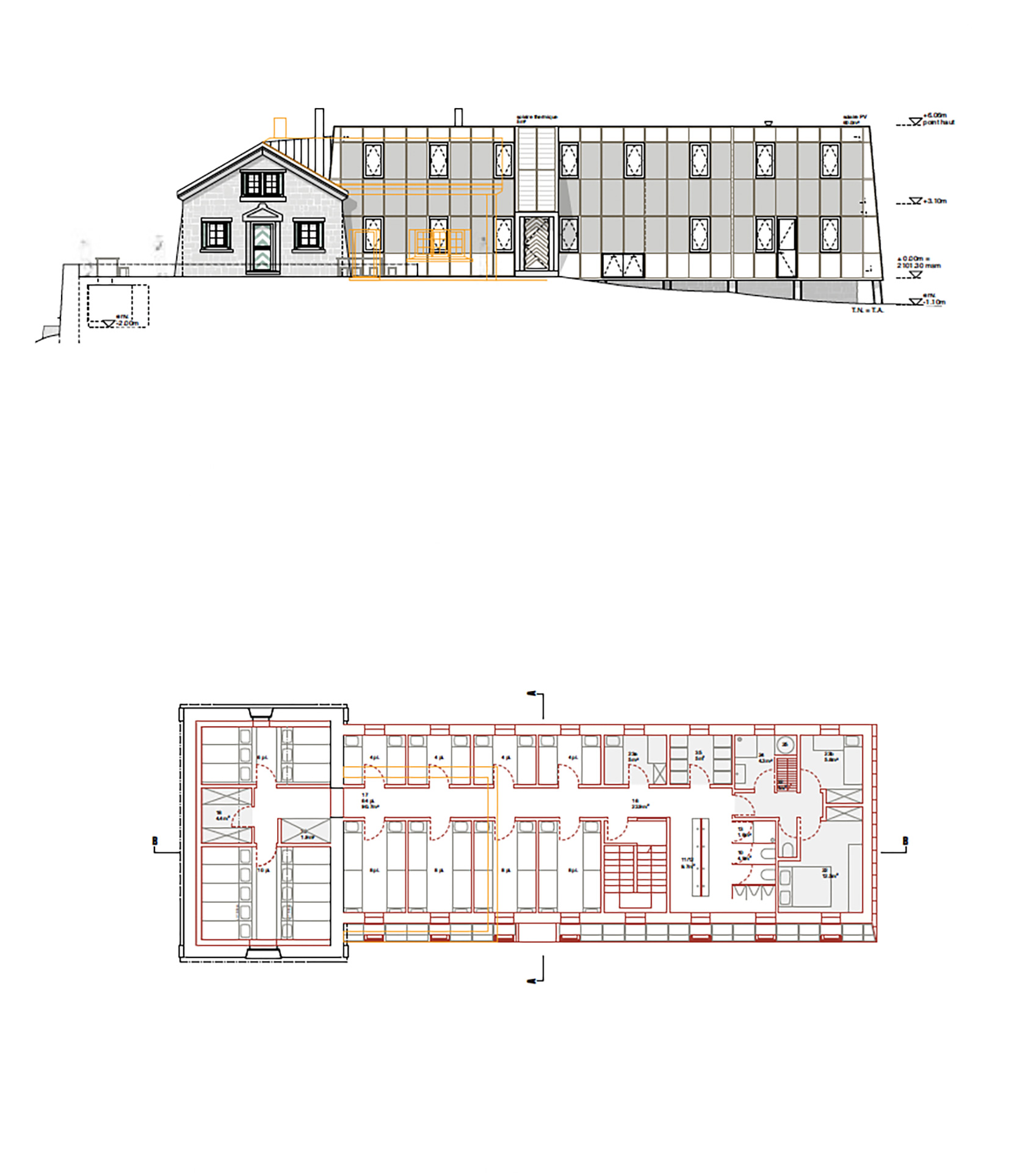 Élévation et plan du projet Café Susanfe.