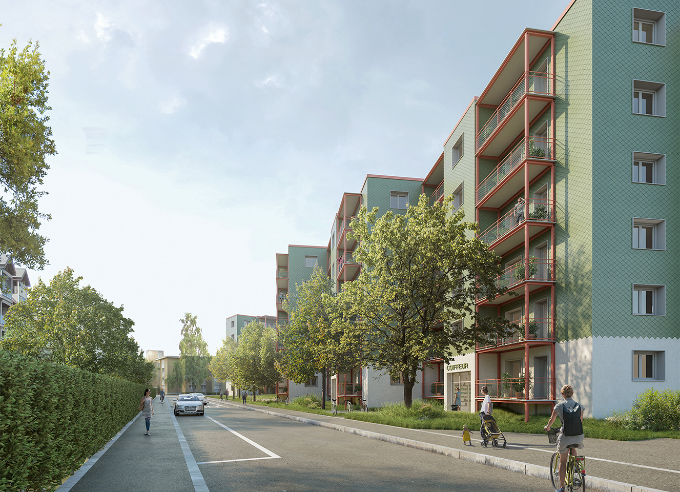 Der nicht rangierte Beitrag «BMV bleibt!» erhält die bestehenden Bauten.  Die Eingriffstiefe in die Grundrisse und Statik sowie die vollständige Erneuerung  der Fassade sind aus Sicht der Jury aber nicht verhältnismässig. ­Visualisierung.