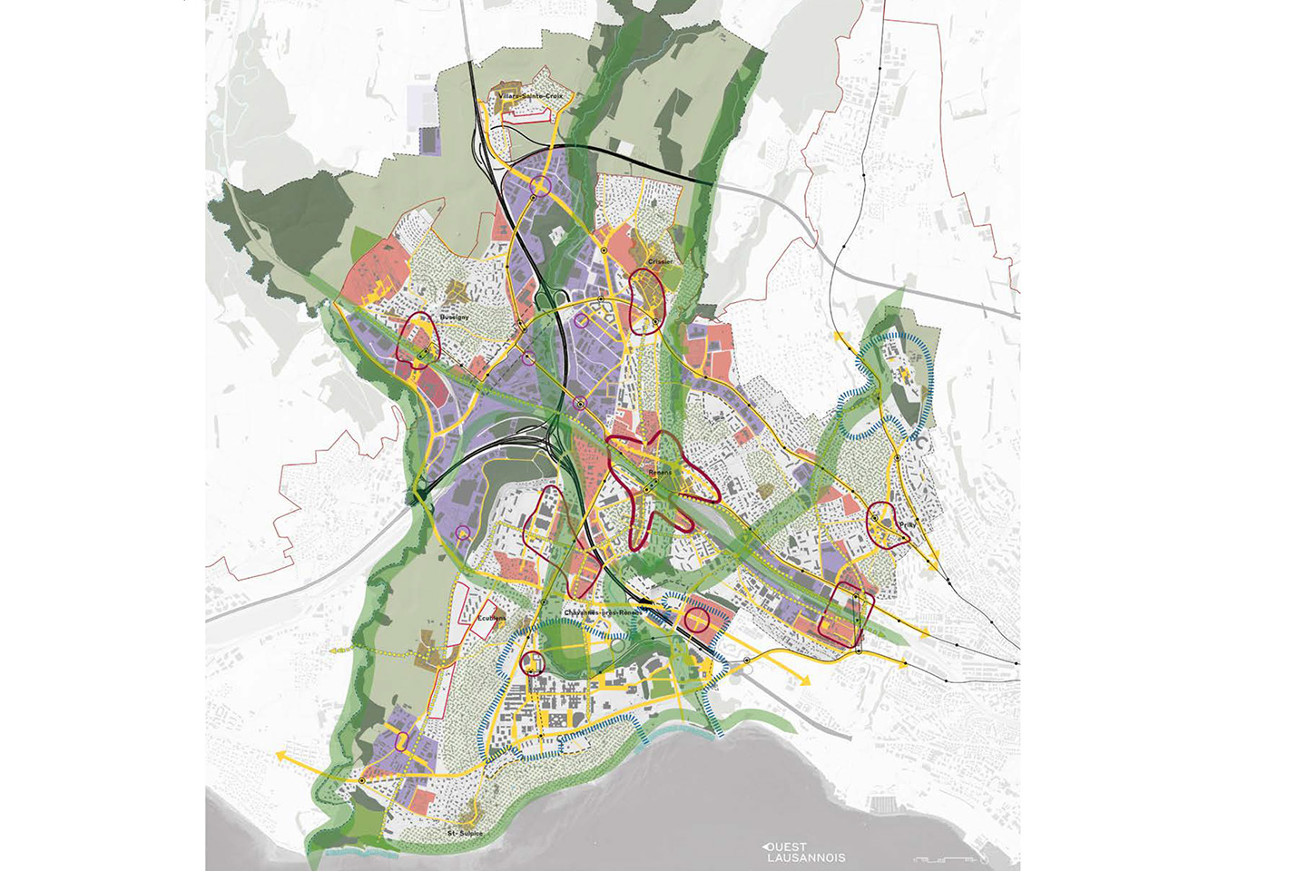 Plan directeur intercommunal de l’Ouest lausannois (PDi-OL, ex-SDOL): projet de territoire à l’horizon 2040 sur les communes de Bussigny, Chavannes-près-Renens, Crissier, Ecublens, Prilly, Renens, St-Sulpice et Villars-Ste-Croix (2021). Au cœur de l’Ouest lausannois, Renens est une «centralité principale et secondaire».