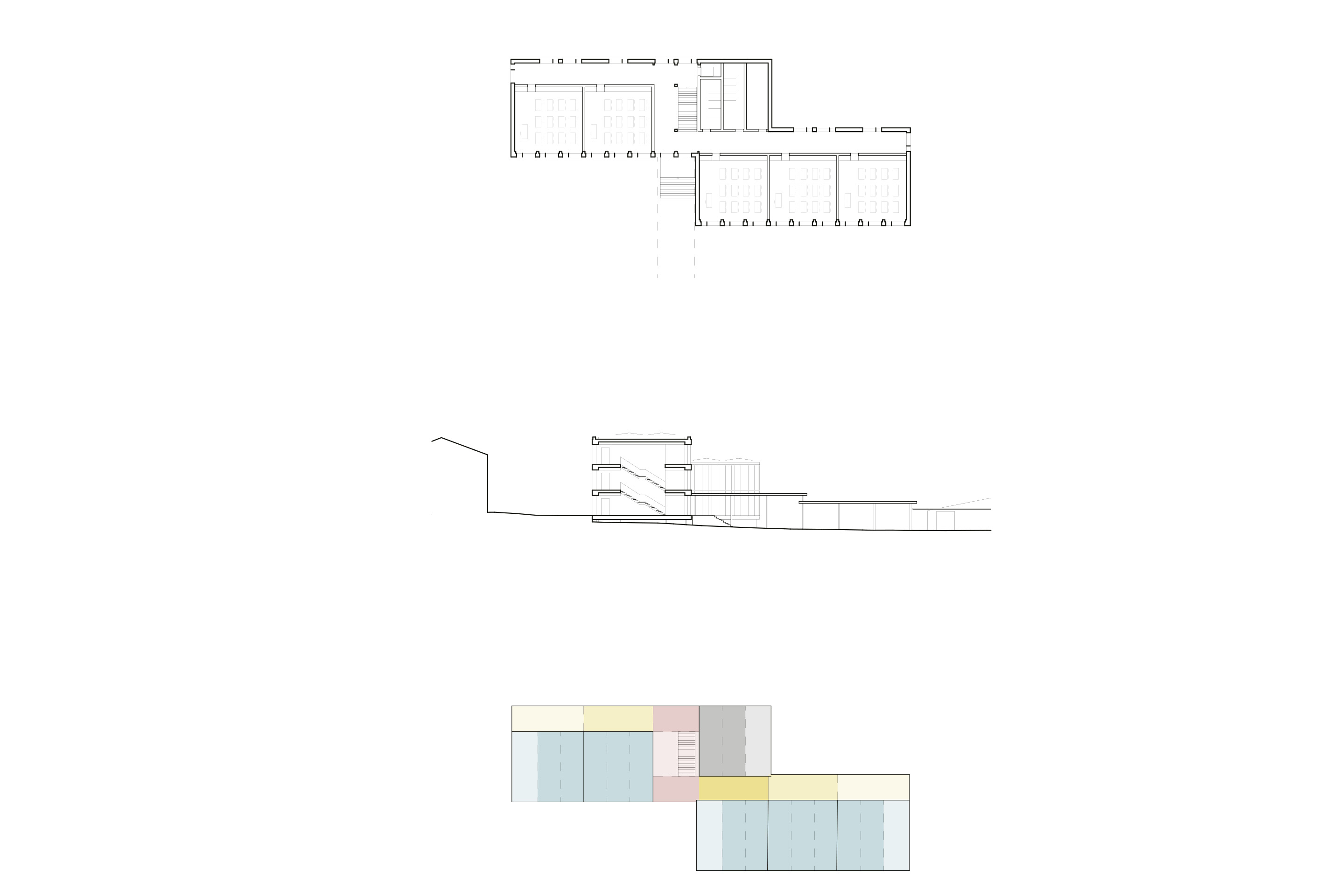 École de Trembley. Plan: la circulation en baïonnette est généreusement ouverte sur le parc | Coupe: le bâtiment est ventilé par en dessous | Schéma de la trame des modules.