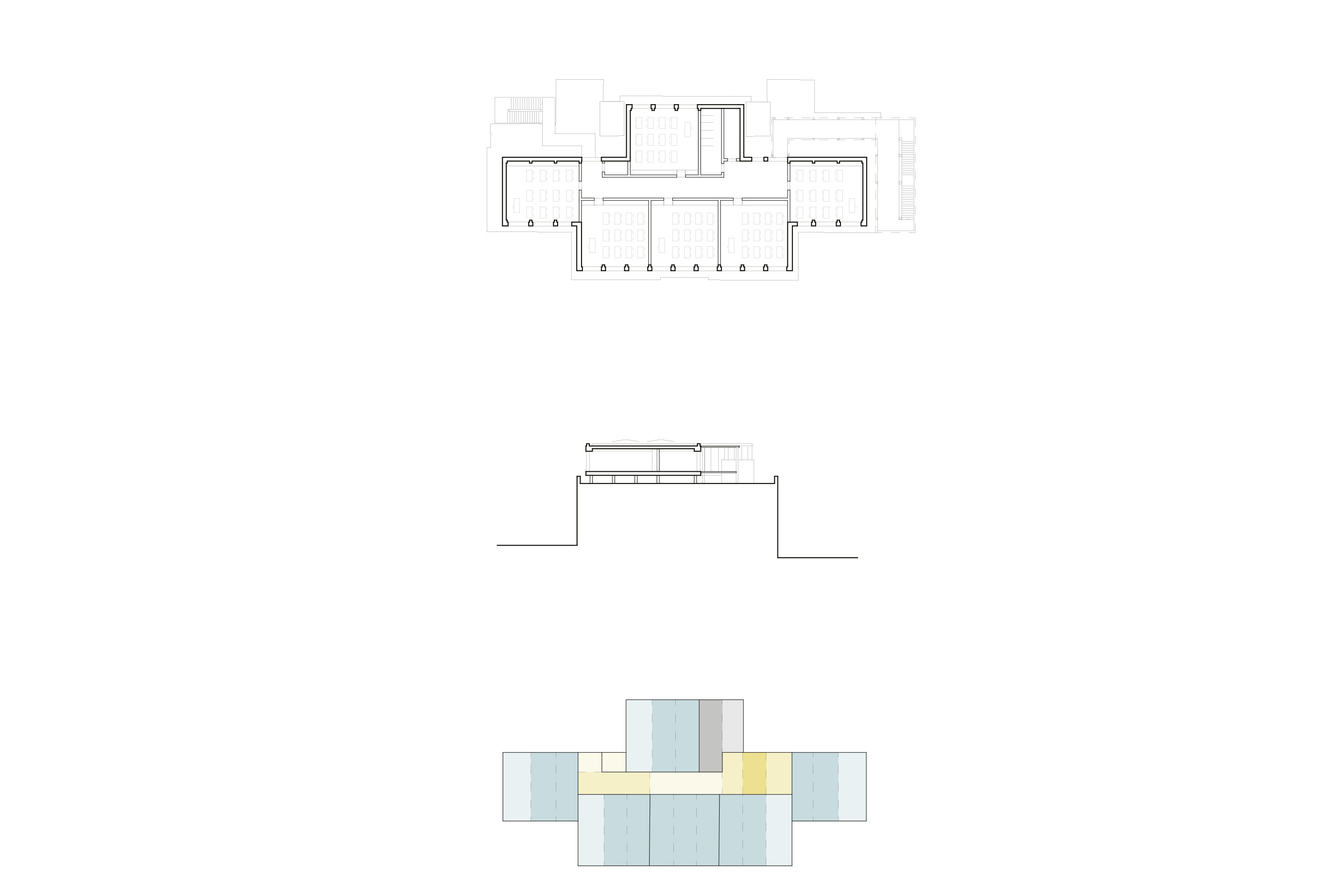 École des Allières. Plan: un escalier de secours prend place à l’autre extrémité du bâtiment | Coupe: les modules sont ventilés par en dessous là aussi | Schéma de la trame des modules.